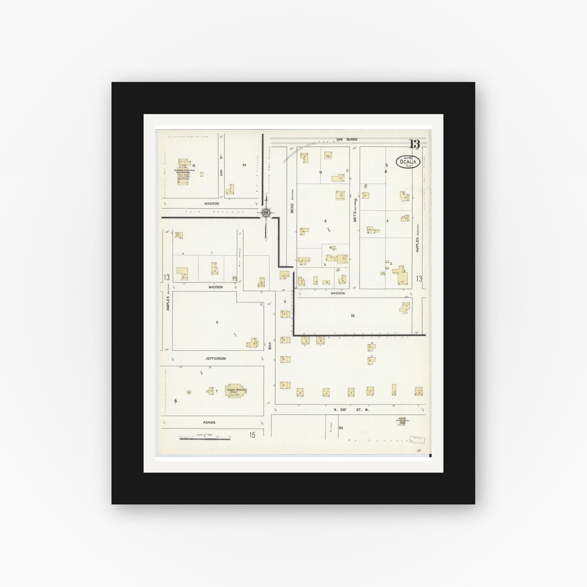 Old map wall art mockup — black gallery frame with white mat — Sanborn Fire Insurance Map from Ocala, Marion County, Florida (1912), Sheet #0013