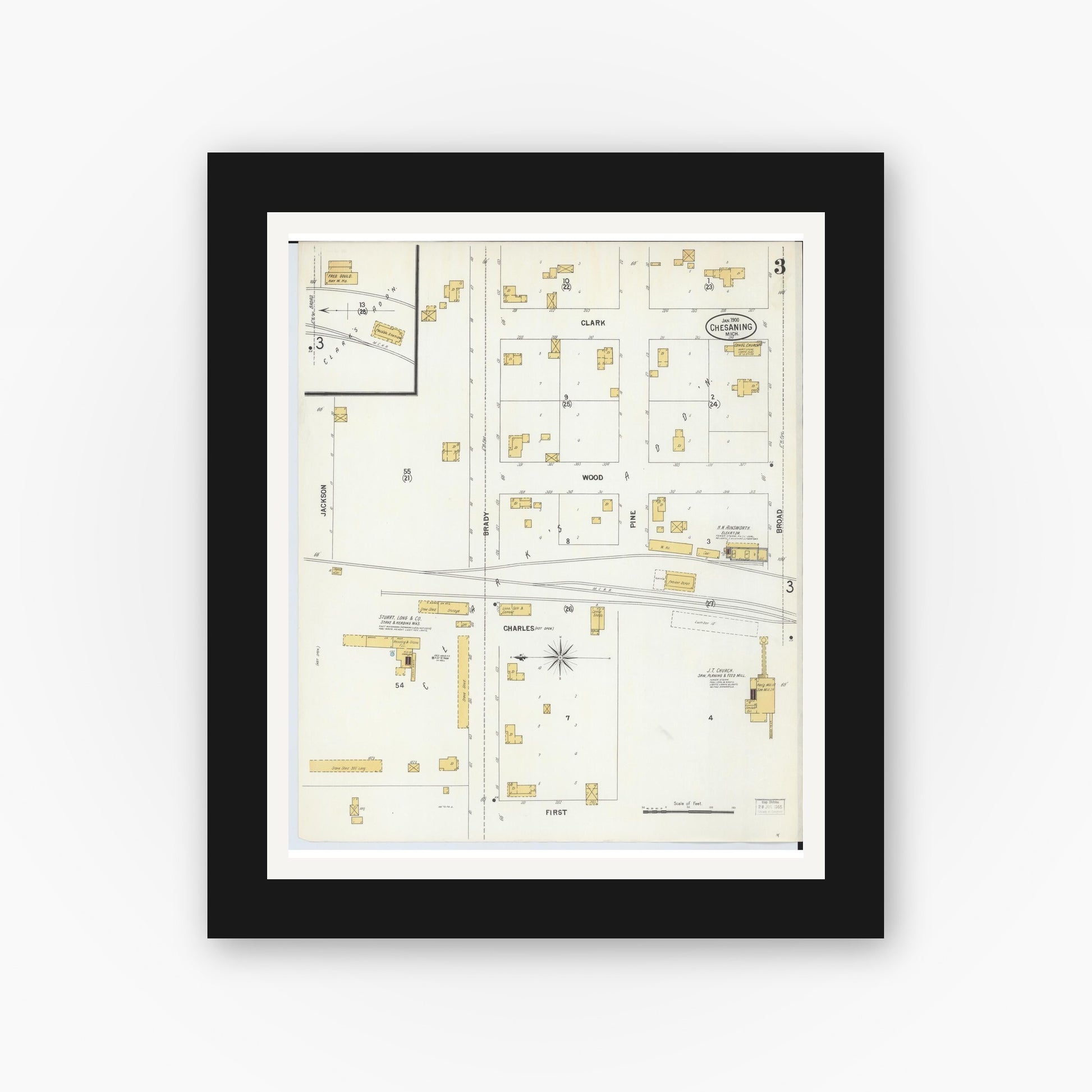 Old map wall art mockup — black gallery frame with white mat — Sanborn Fire Insurance Map from Chesaning, Saginaw County, Michigan (1900), Sheet #0003