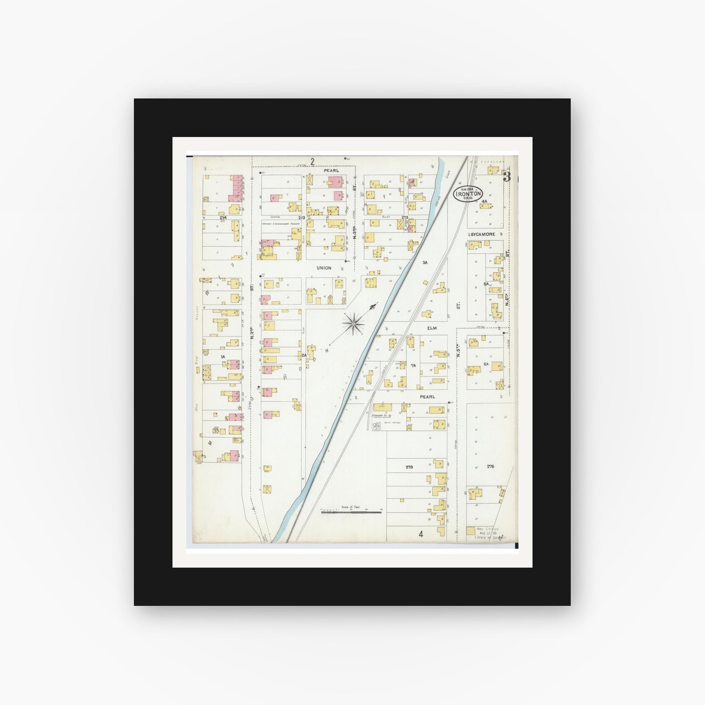 Old map wall art mockup — black gallery frame with white mat — Sanborn Fire Insurance Map from Ironton, Lawrence County, Ohio (1904), Sheet #0003