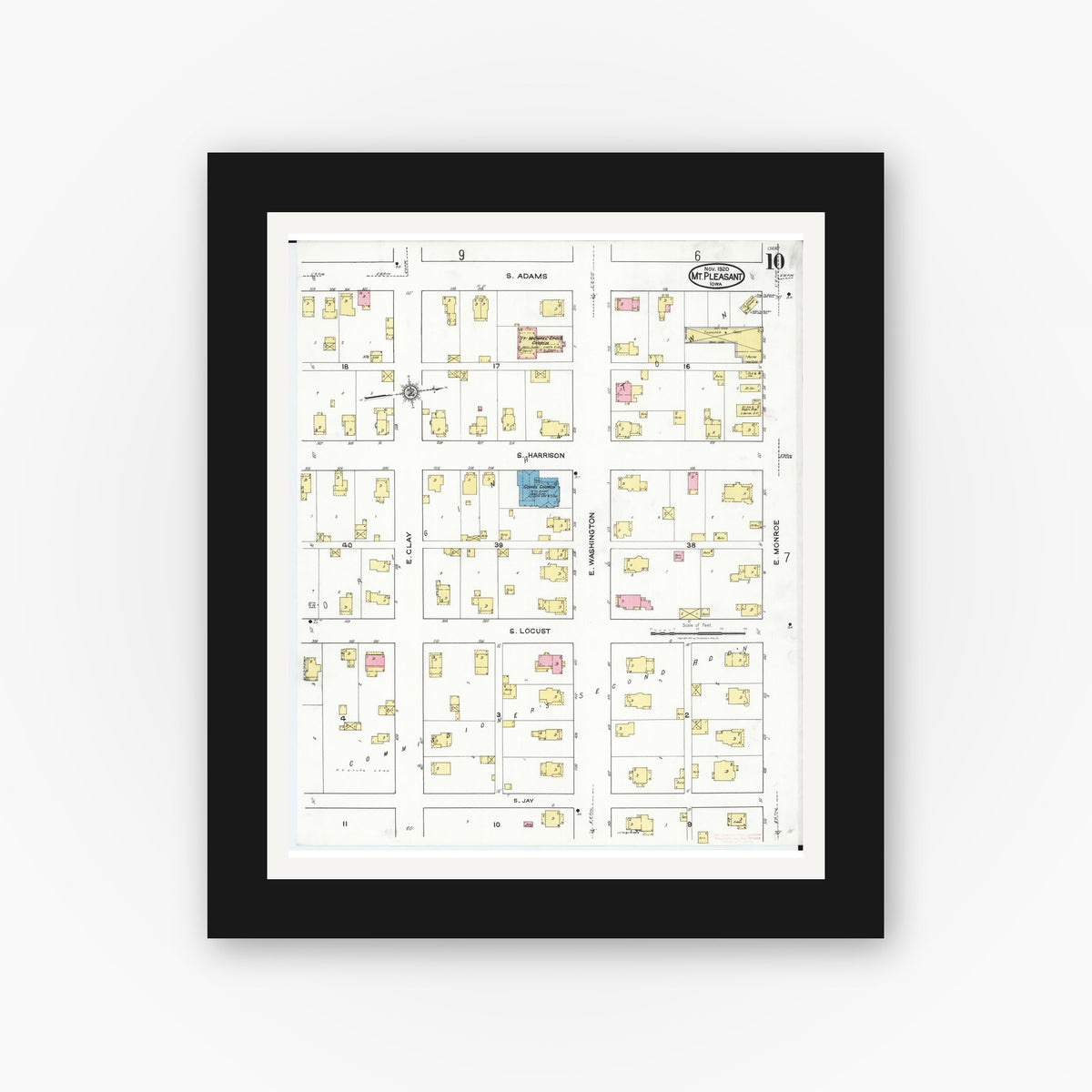 Old map wall art mockup — black gallery frame with white mat — Sanborn Fire Insurance Map from Mount Pleasant, Henry County, Iowa (1920), Sheet #0010