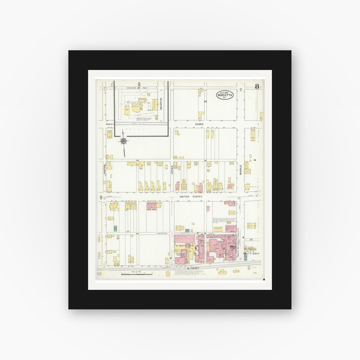 Old map wall art mockup — black gallery frame with white mat — Sanborn Fire Insurance Map from Marietta, Lancaster County, Pennsylvania (1909), Sheet #0008