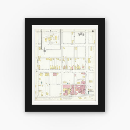 Old map wall art mockup — black gallery frame with white mat — Sanborn Fire Insurance Map from Marietta, Lancaster County, Pennsylvania (1909), Sheet #0008
