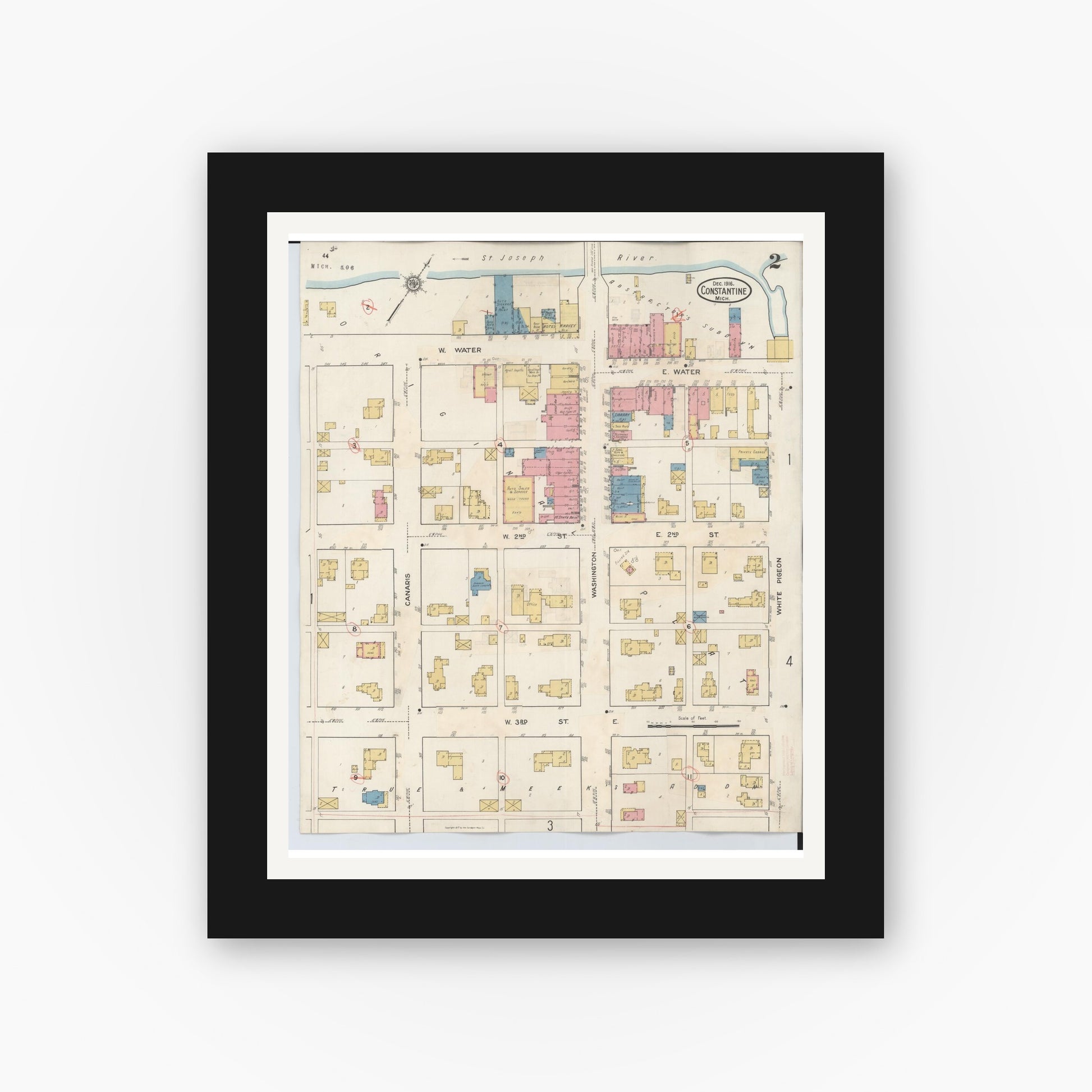 Old map wall art mockup — black gallery frame with white mat — Sanborn Fire Insurance Map from Constantine, Saint Joseph County, Michigan (1932), Sheet #0002