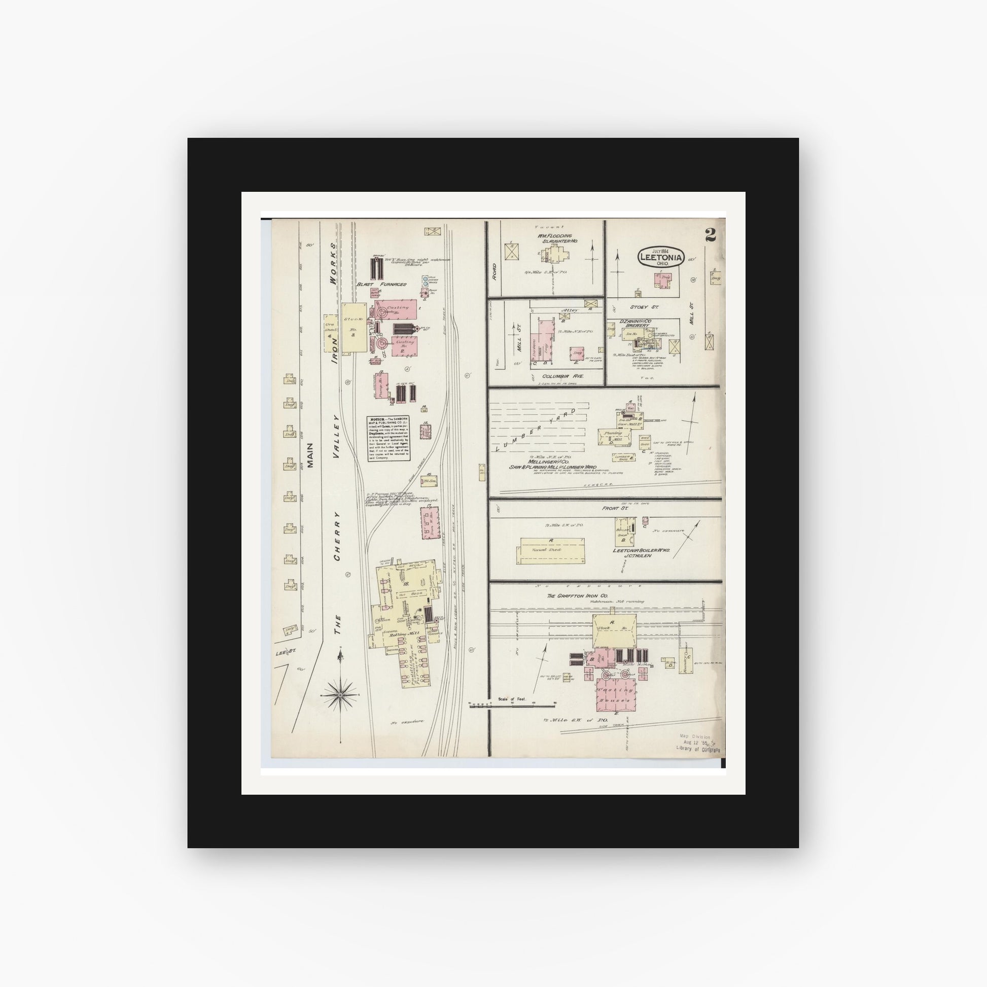 Old map wall art mockup — black gallery frame with white mat — Sanborn Fire Insurance Map from Leetonia, Columbiana County, Ohio (1884), Sheet #0002