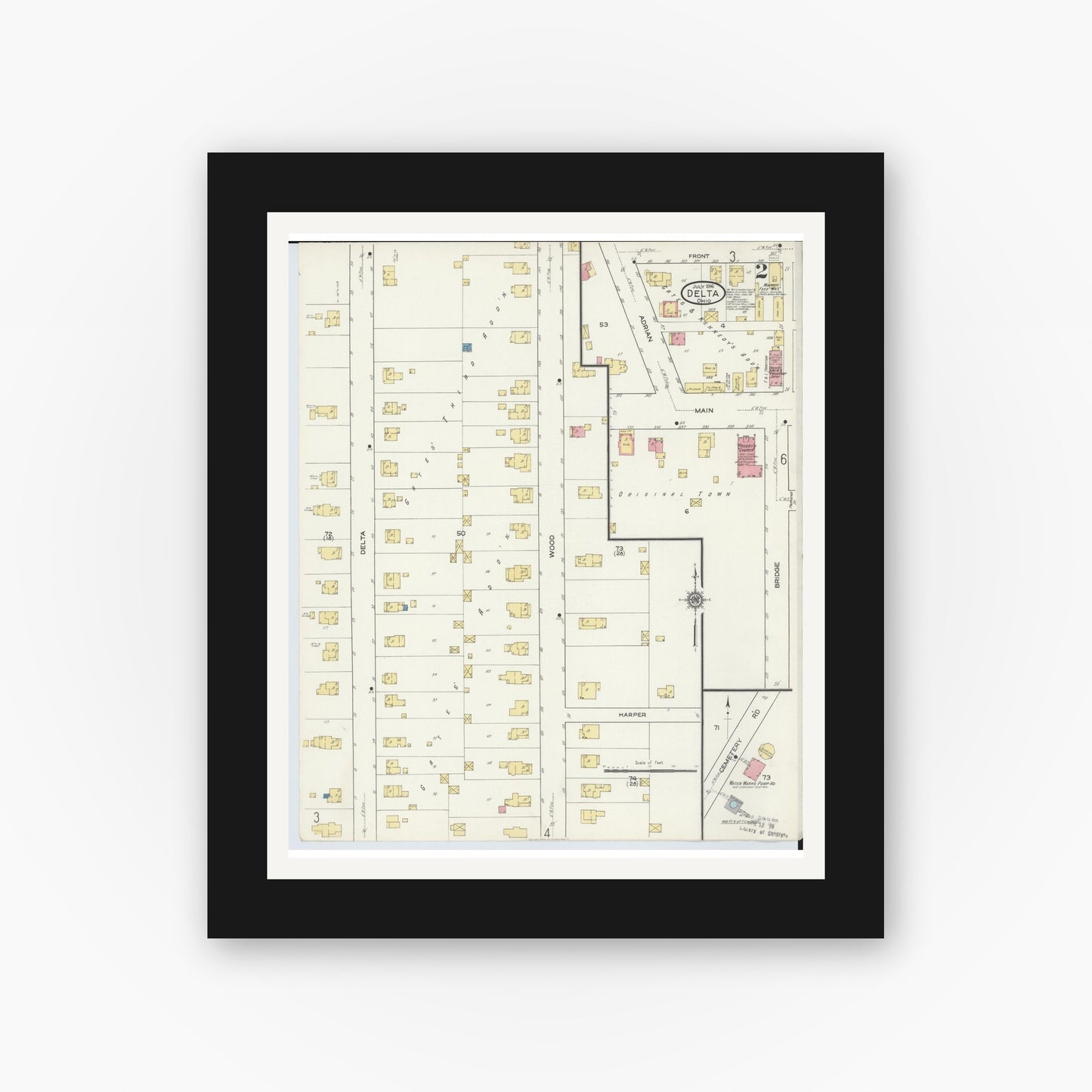 Old map wall art mockup — black gallery frame with white mat — Sanborn Fire Insurance Map from Delta, Fulton County, Ohio (1916), Sheet #0002
