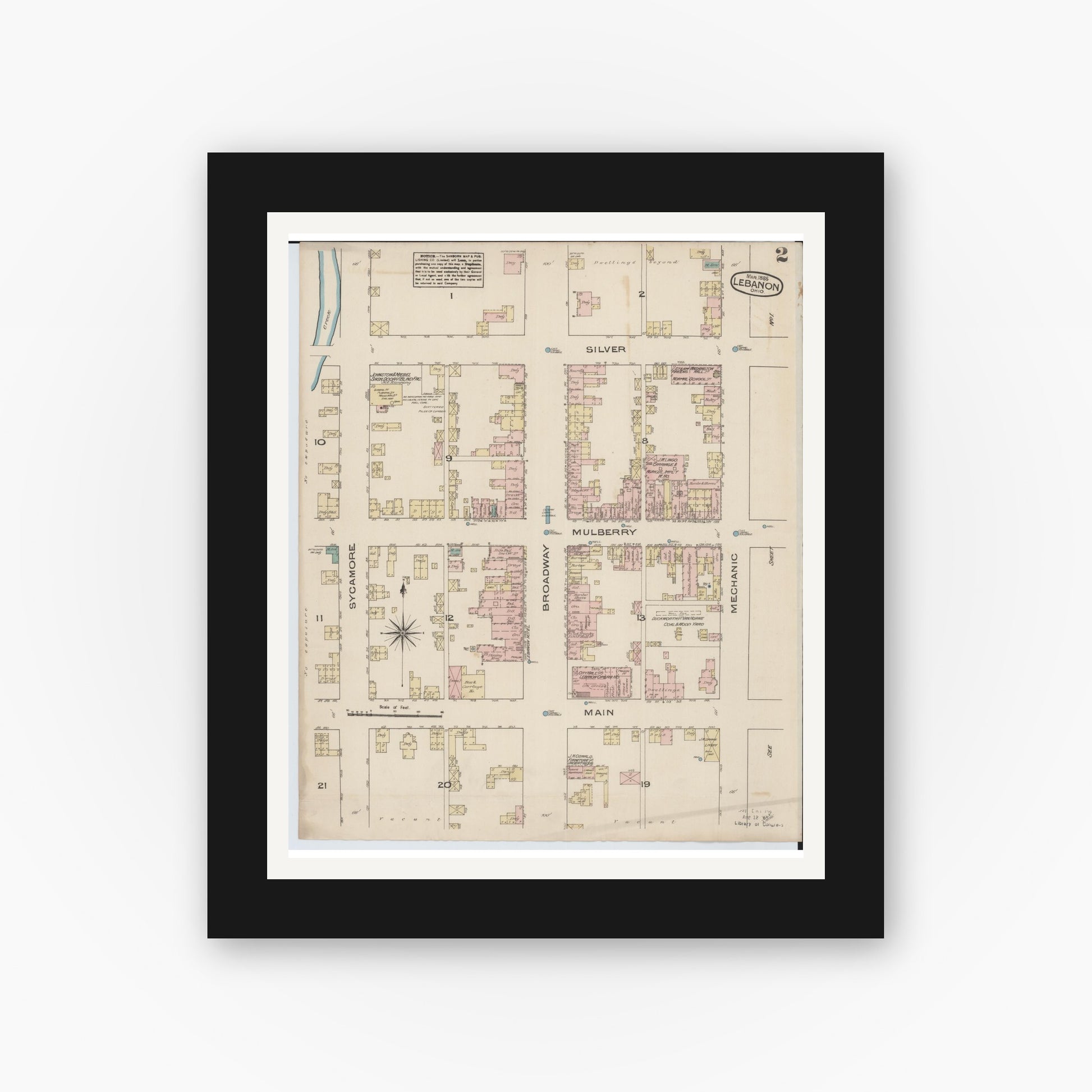 Old map wall art mockup — black gallery frame with white mat — Sanborn Fire Insurance Map from Lebanon, Warren County, Ohio (1885), Sheet #0002