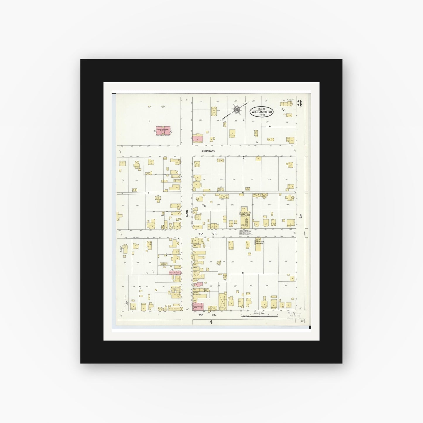 Old map wall art mockup — black gallery frame with white mat — Sanborn Fire Insurance Map from Williamsburg, Clermont County, Ohio (1911), Sheet #0003