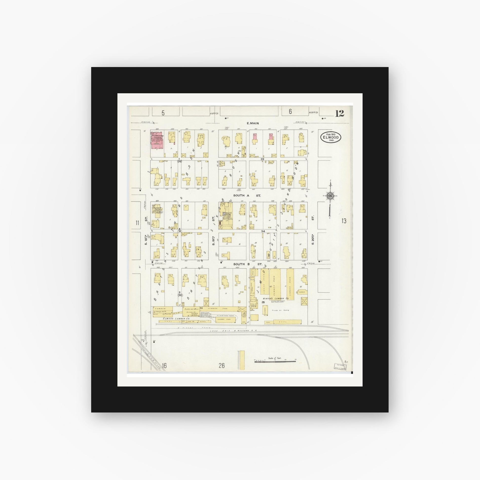 Old map wall art mockup — black gallery frame with white mat — Sanborn Fire Insurance Map from Elwood, Madison County, Indiana (1910), Sheet #0012