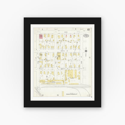 Old map wall art mockup — black gallery frame with white mat — Sanborn Fire Insurance Map from Elwood, Madison County, Indiana (1910), Sheet #0012