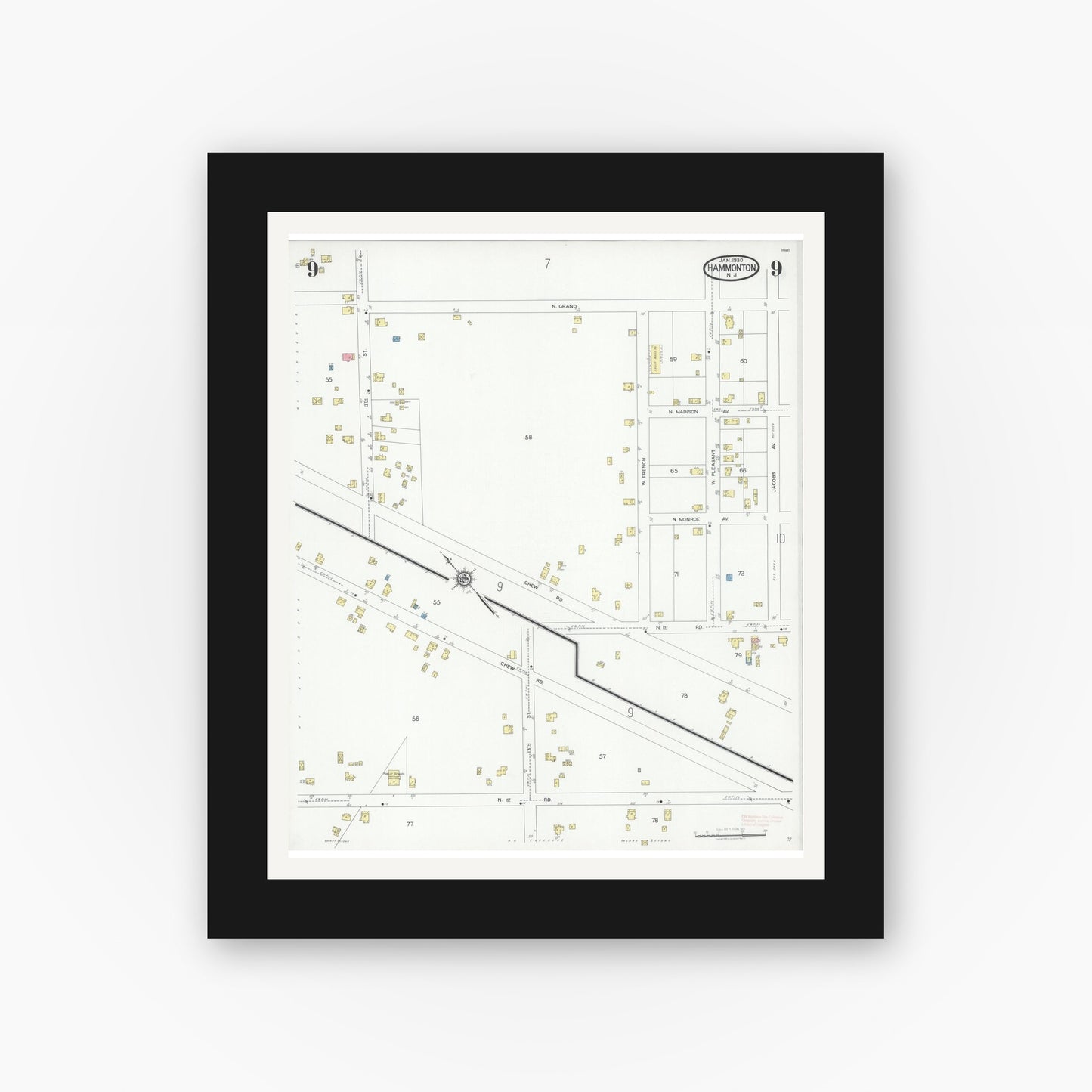 Old map wall art mockup — black gallery frame with white mat — Sanborn Fire Insurance Map from Hammonton, Atlantic County, New Jersey (1930), Sheet #0009