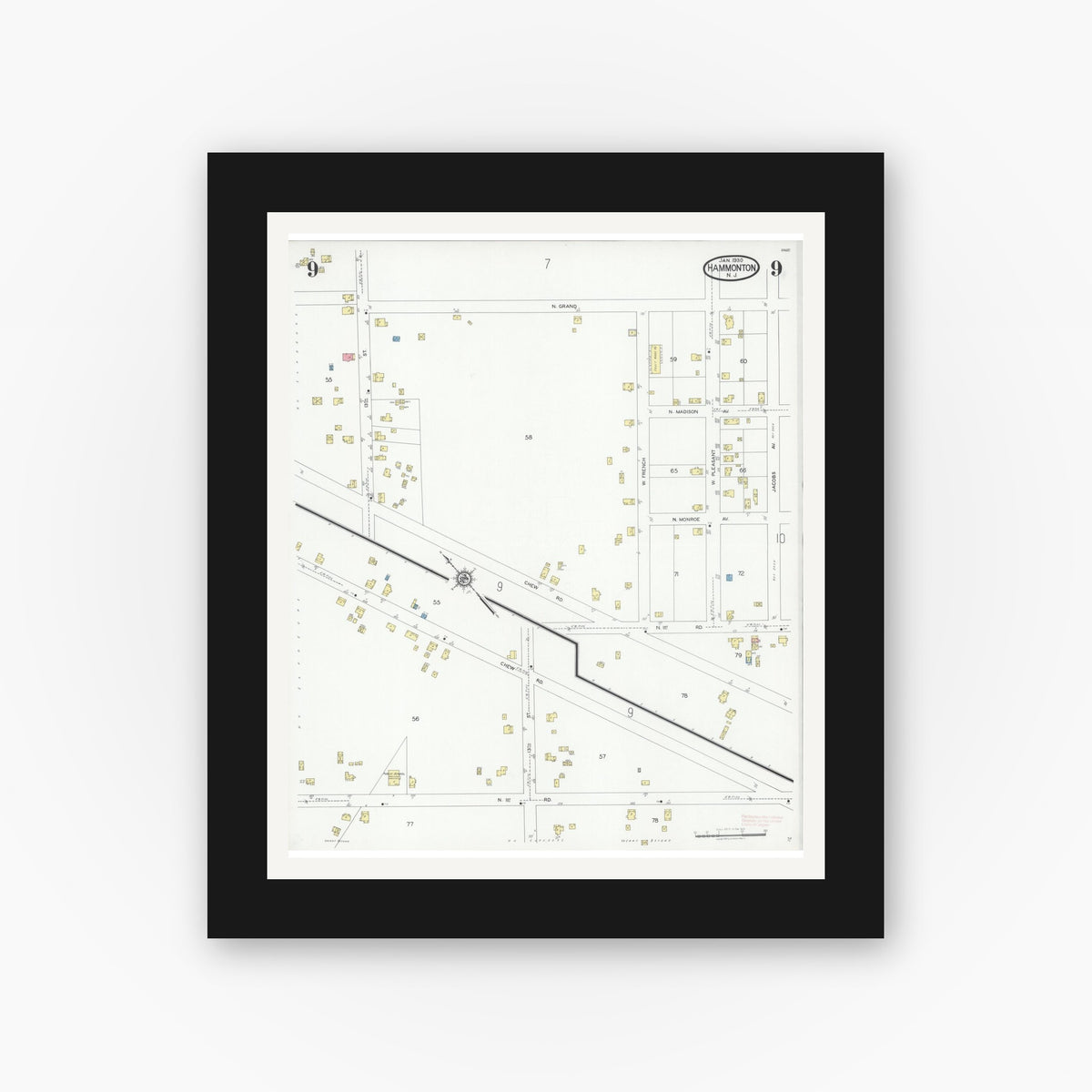 Old map wall art mockup — black gallery frame with white mat — Sanborn Fire Insurance Map from Hammonton, Atlantic County, New Jersey (1930), Sheet #0009