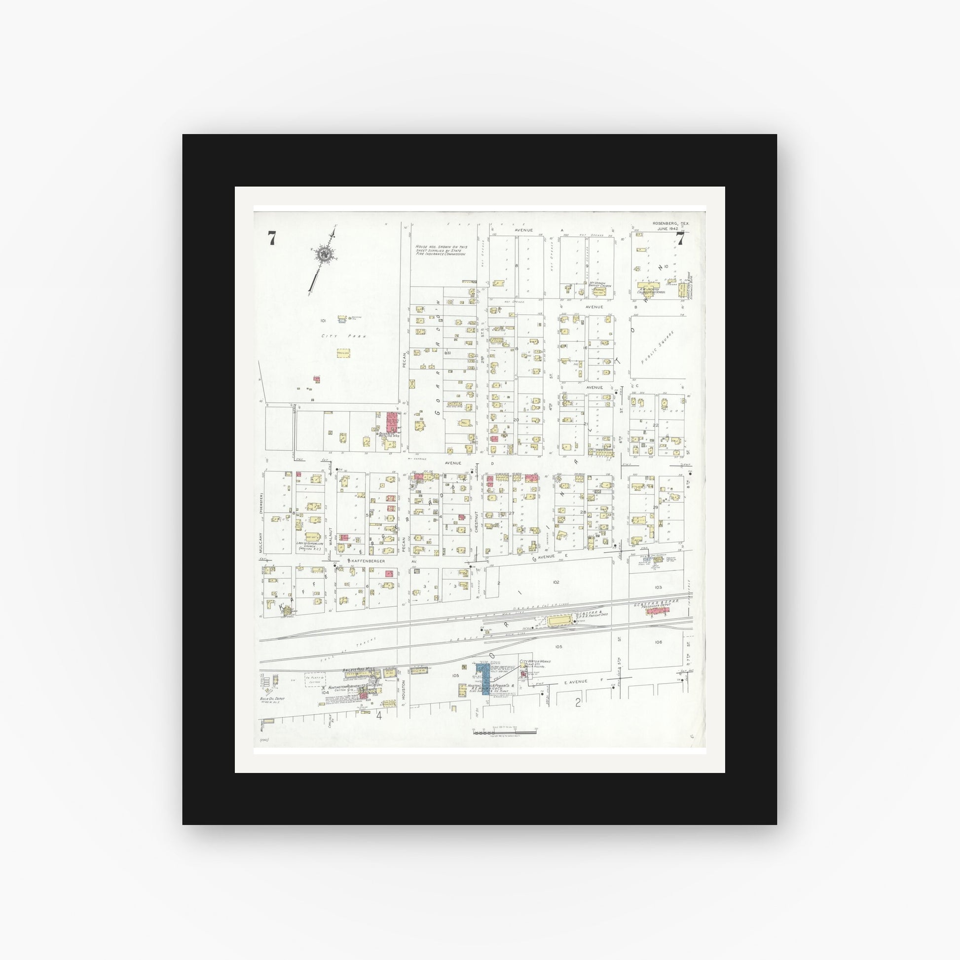 Old map wall art mockup — black gallery frame with white mat — Sanborn Fire Insurance Map from Rosenberg, Fort Bend County, Texas (1942), Sheet #0007