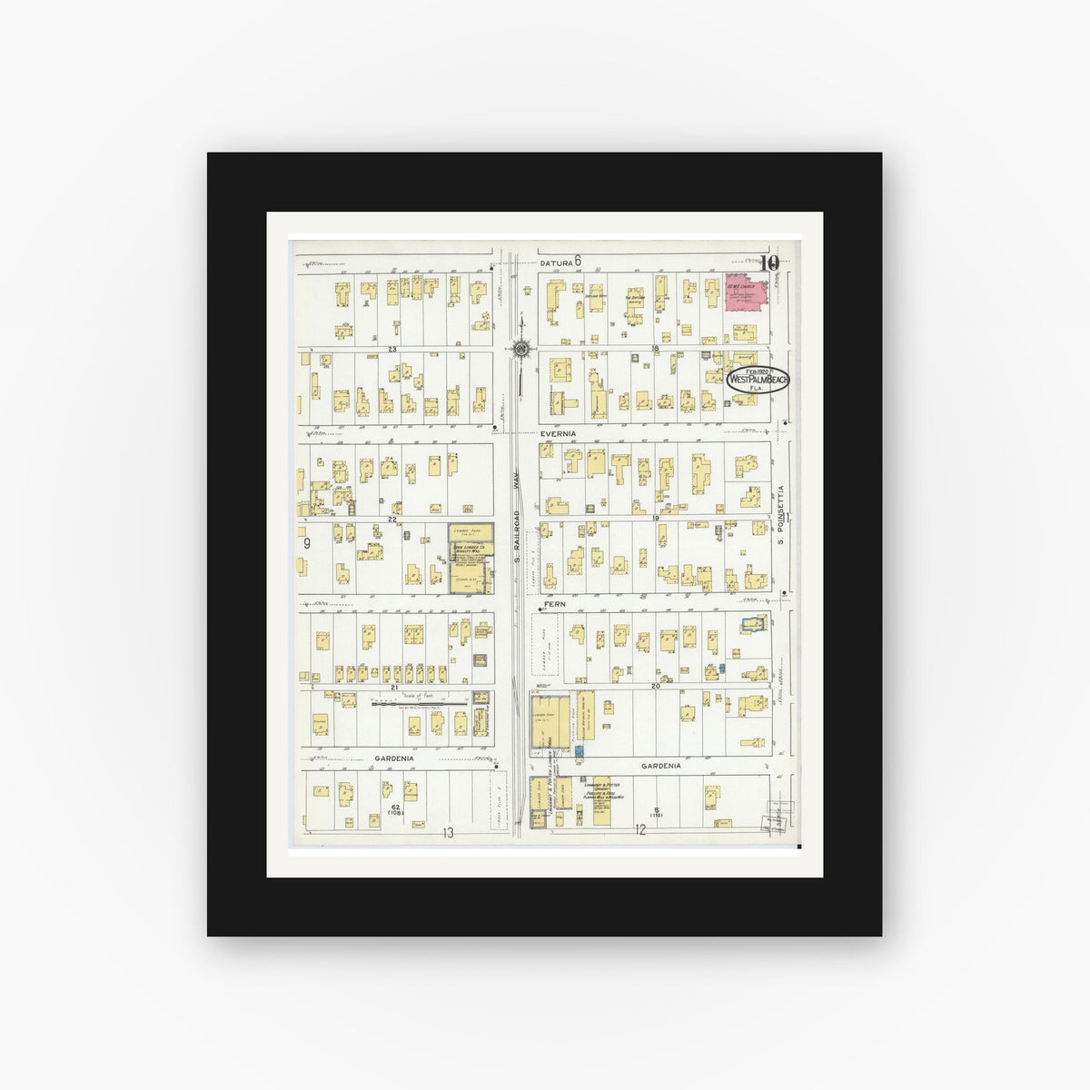 Old map wall art mockup — black gallery frame with white mat — Sanborn Fire Insurance Map from West Palm Beach, Dade County, Florida (1920), Sheet #0010