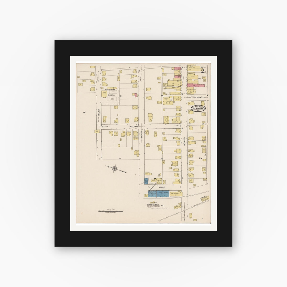 Old map wall art mockup — black gallery frame with white mat — Sanborn Fire Insurance Map from Cochranton, Crawford County, Pennsylvania (1922), Sheet #0002
