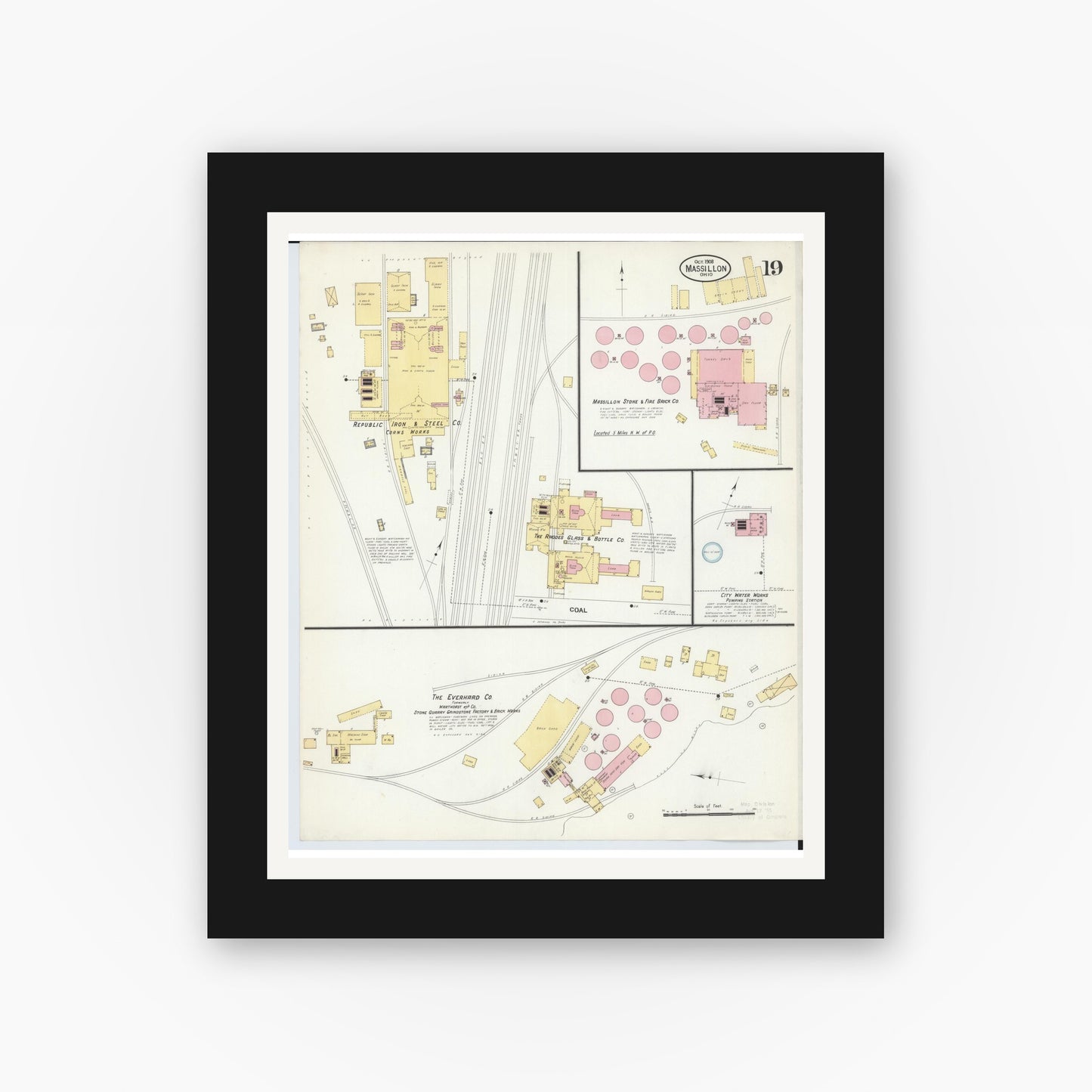 Old map wall art mockup — black gallery frame with white mat — Sanborn Fire Insurance Map from Massillon, Stark County, Ohio (1908), Sheet #0019