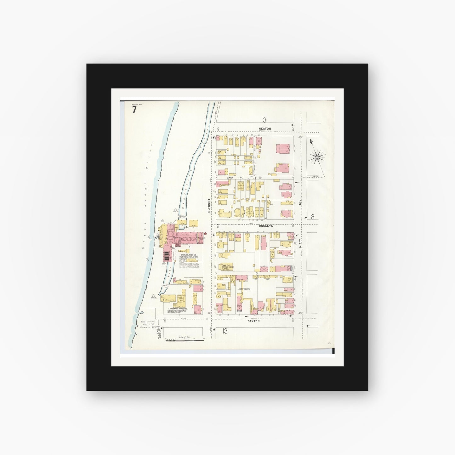 Old map wall art mockup — black gallery frame with white mat — Sanborn Fire Insurance Map from Hamilton, Butler County, Ohio (1899), Sheet #0007