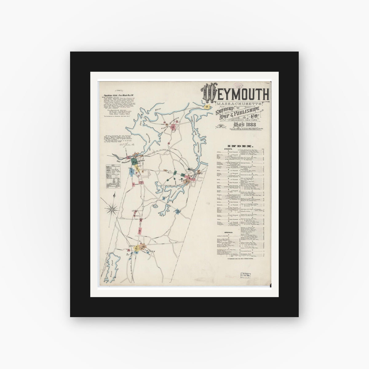 Old map wall art mockup — black gallery frame with white mat — Sanborn Fire Insurance Map from Weymouth, Norfolk County, Massachusetts (1888) - Complete Map Set