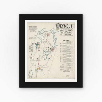 Old map wall art mockup — black gallery frame with white mat — Sanborn Fire Insurance Map from Weymouth, Norfolk County, Massachusetts (1888) - Complete Map Set
