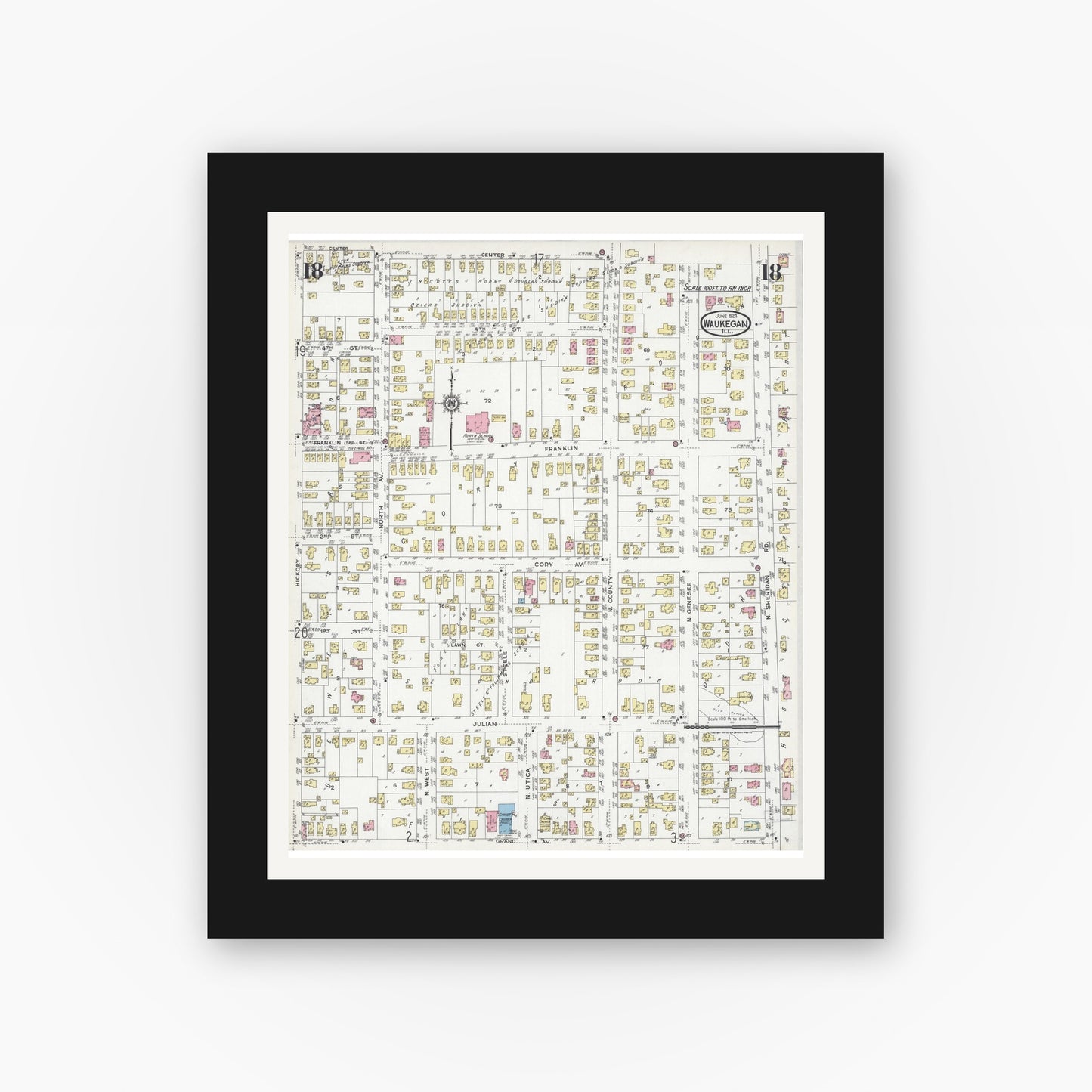 Old map wall art mockup — black gallery frame with white mat — Sanborn Fire Insurance Map from Waukegan, Lake County, Illinois (1924), Sheet #0018