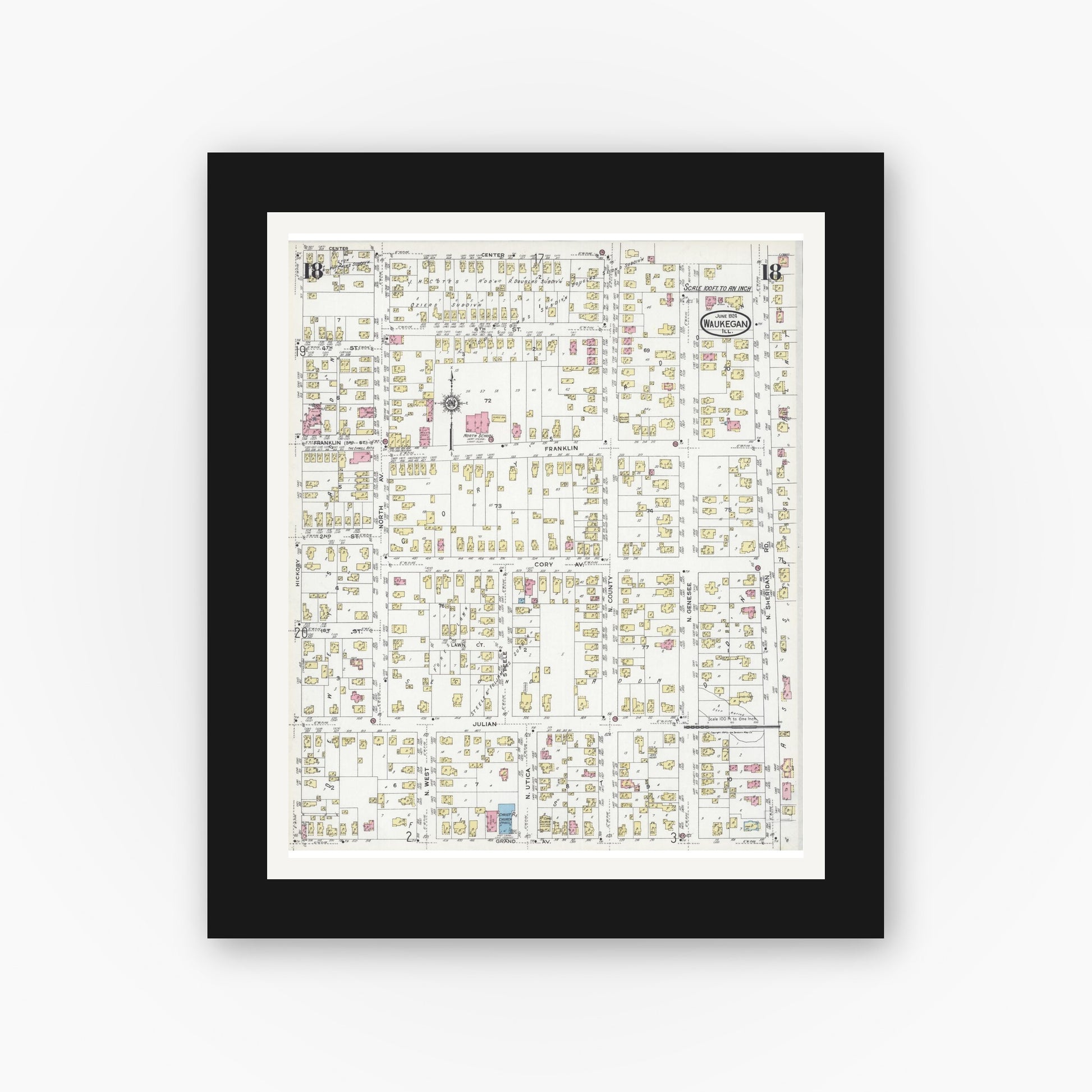 Old map wall art mockup — black gallery frame with white mat — Sanborn Fire Insurance Map from Waukegan, Lake County, Illinois (1924), Sheet #0018