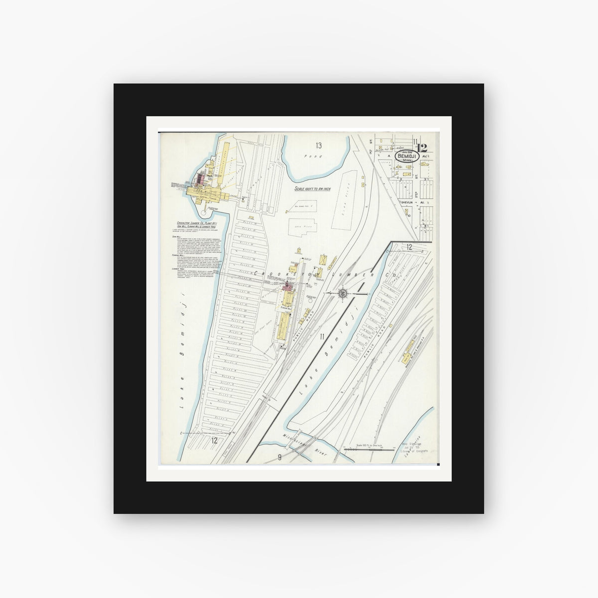 Old map wall art mockup — black gallery frame with white mat — Sanborn Fire Insurance Map from Bemidji, Beltrami County, Minnesota (1916), Sheet #0012