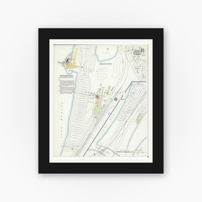 Old map wall art mockup — black gallery frame with white mat — Sanborn Fire Insurance Map from Bemidji, Beltrami County, Minnesota (1916), Sheet #0012