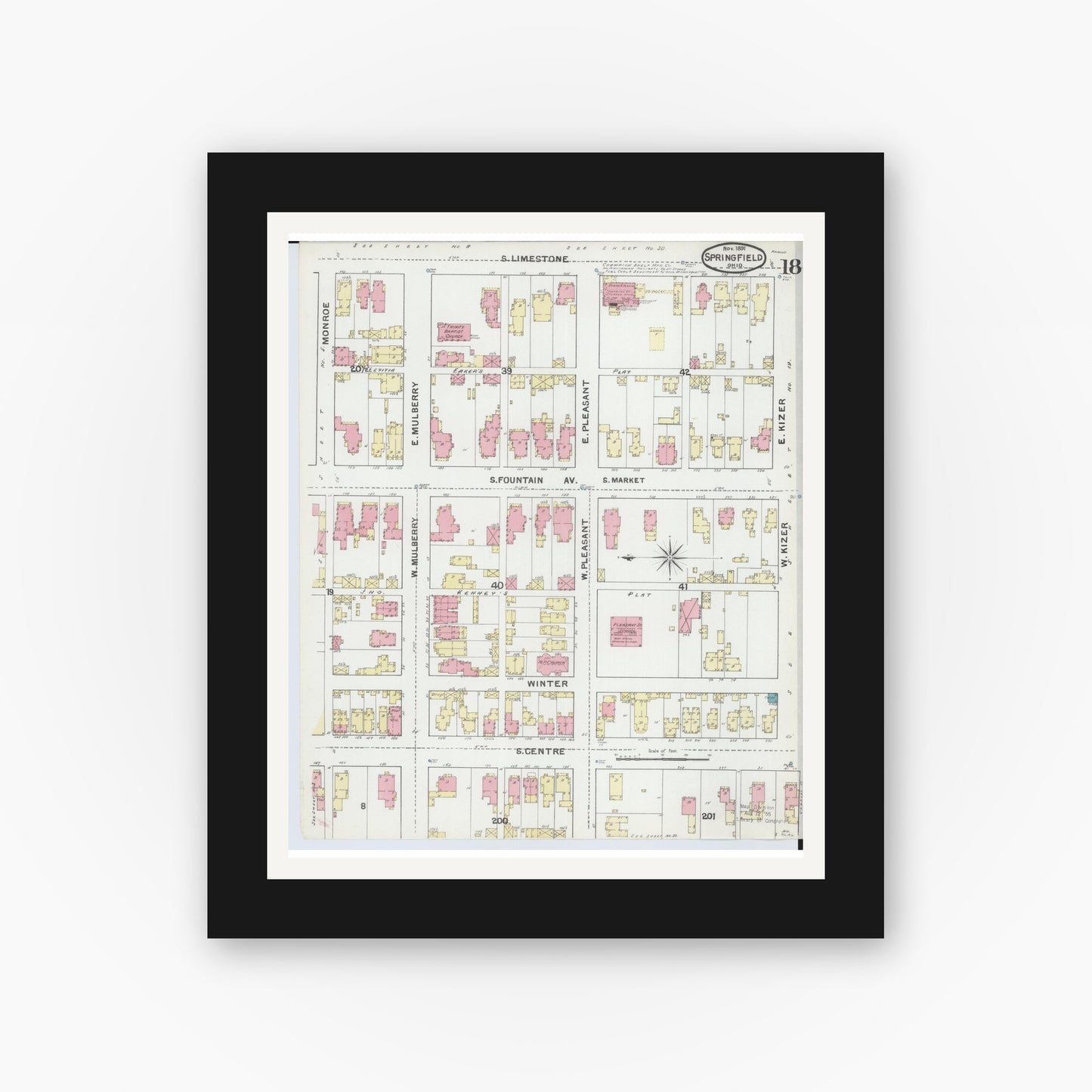Old map wall art mockup — black gallery frame with white mat — Sanborn Fire Insurance Map from Springfield, Clark County, Ohio (1891), Sheet #0018