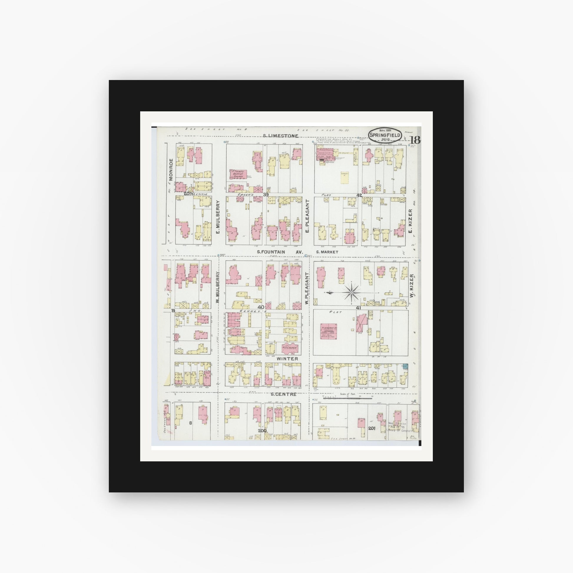 Old map wall art mockup — black gallery frame with white mat — Sanborn Fire Insurance Map from Springfield, Clark County, Ohio (1891), Sheet #0018