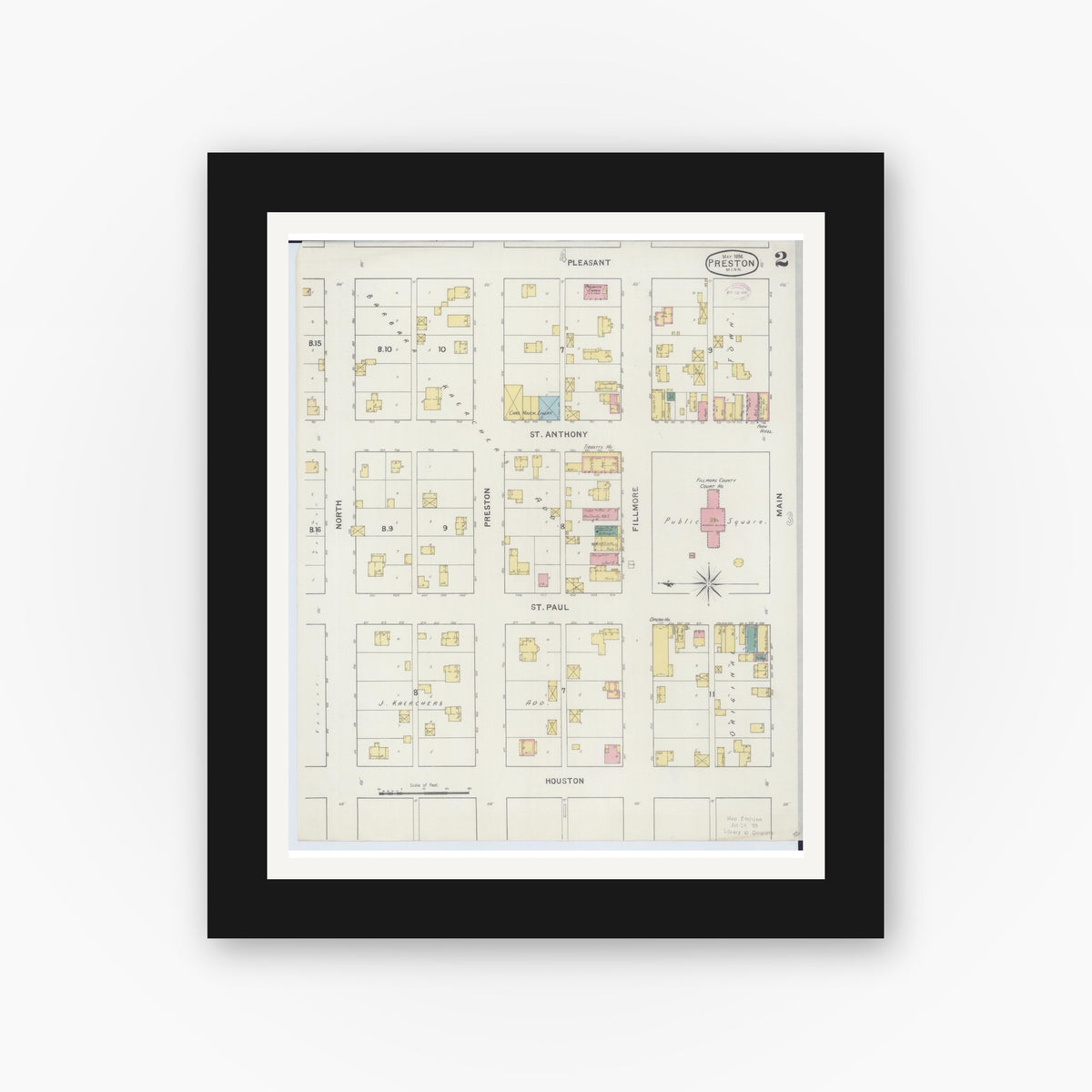Old map wall art mockup — black gallery frame with white mat — Sanborn Fire Insurance Map from Preston, Fillmore County, Minnesota (1894), Sheet #0002