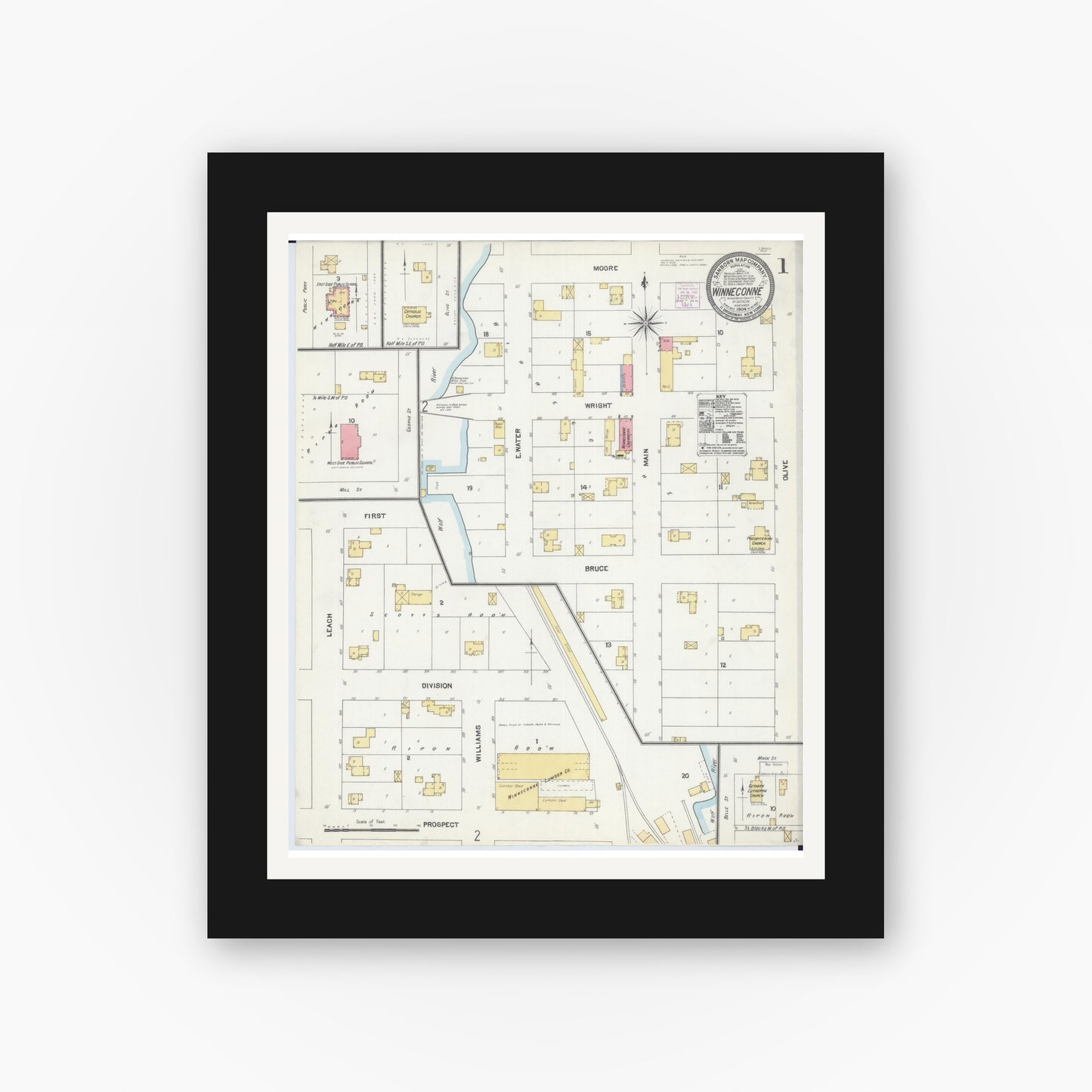 Old map wall art mockup — black gallery frame with white mat — Sanborn Fire Insurance Map from Winneconne, Winnebago County, Wisconsin (1904), Sheet #0001