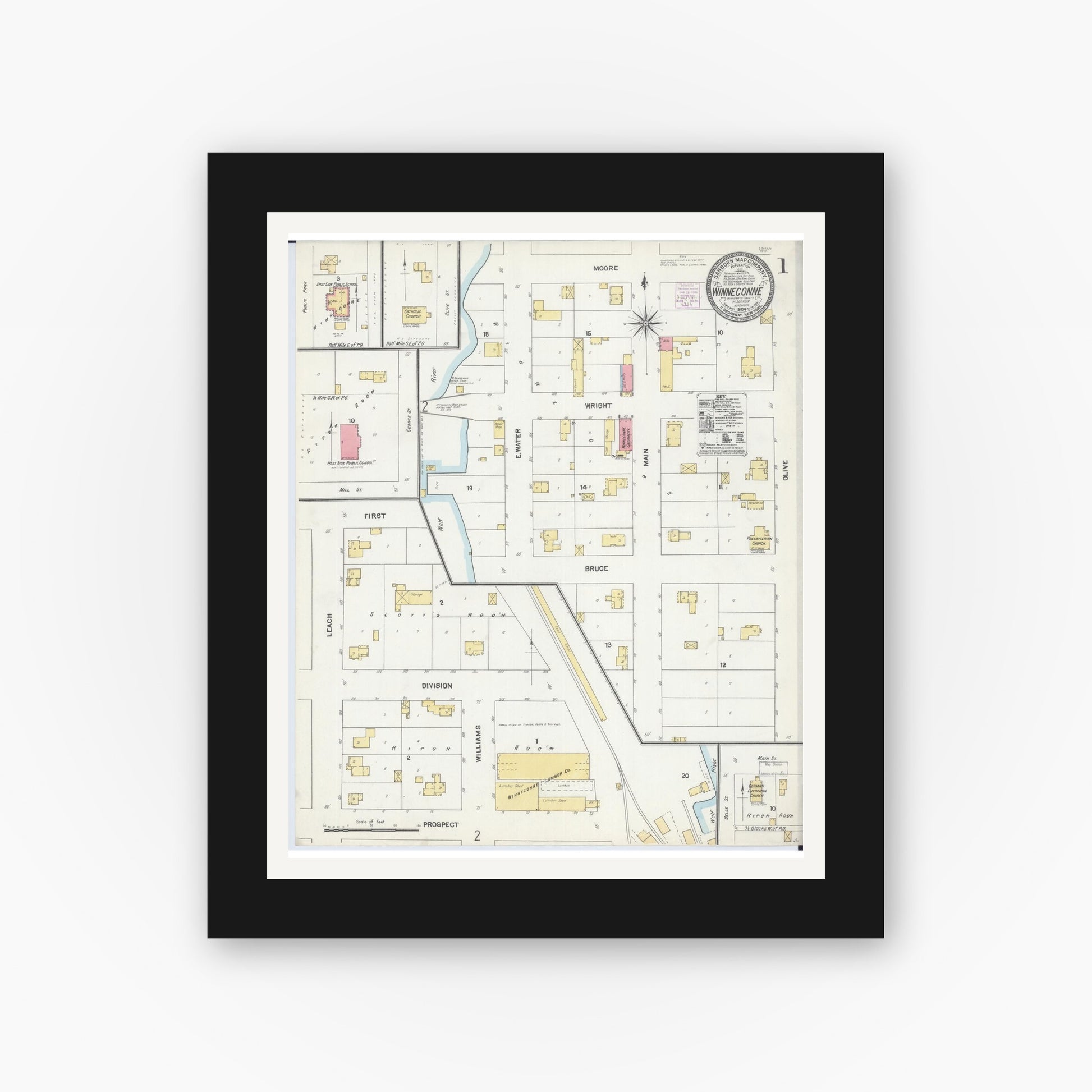 Old map wall art mockup — black gallery frame with white mat — Sanborn Fire Insurance Map from Winneconne, Winnebago County, Wisconsin (1904), Sheet #0001