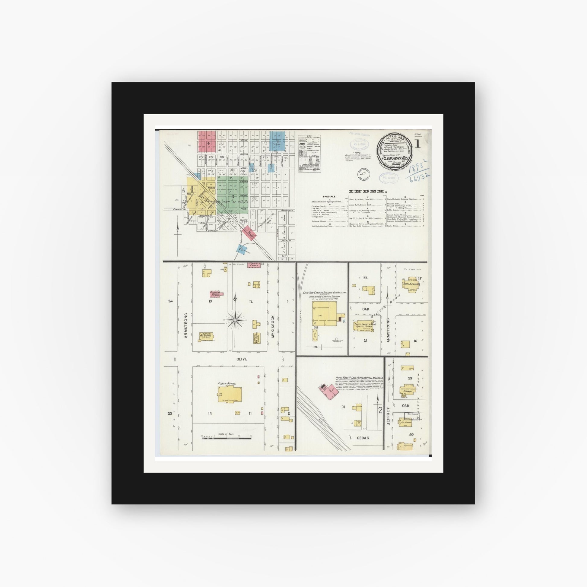 Old map wall art mockup — black gallery frame with white mat — Sanborn Fire Insurance Map from Pleasant Hill, Cass County, Missouri (1898) - Complete Map Set