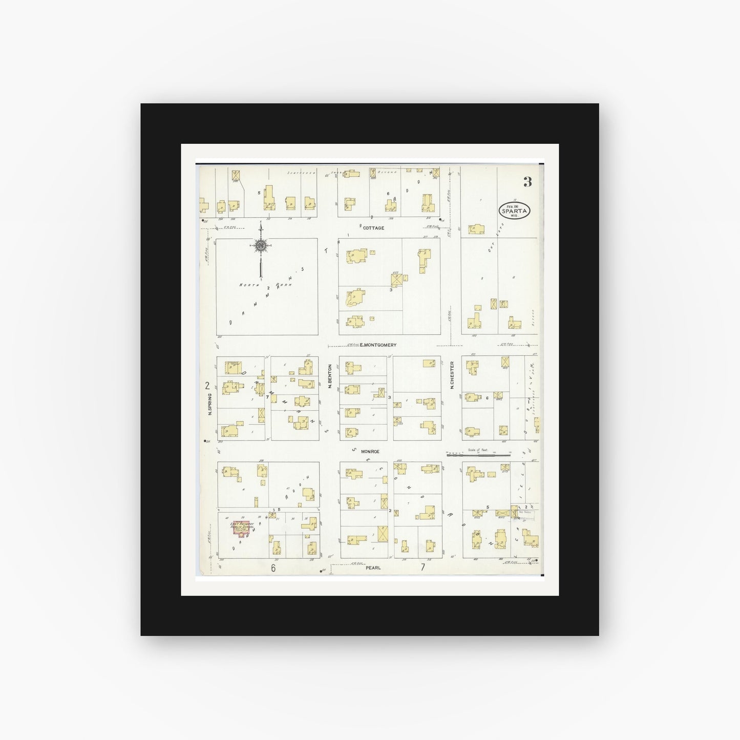 Old map wall art mockup — black gallery frame with white mat — Sanborn Fire Insurance Map from Sparta, Monroe County, Wisconsin (1911), Sheet #0003