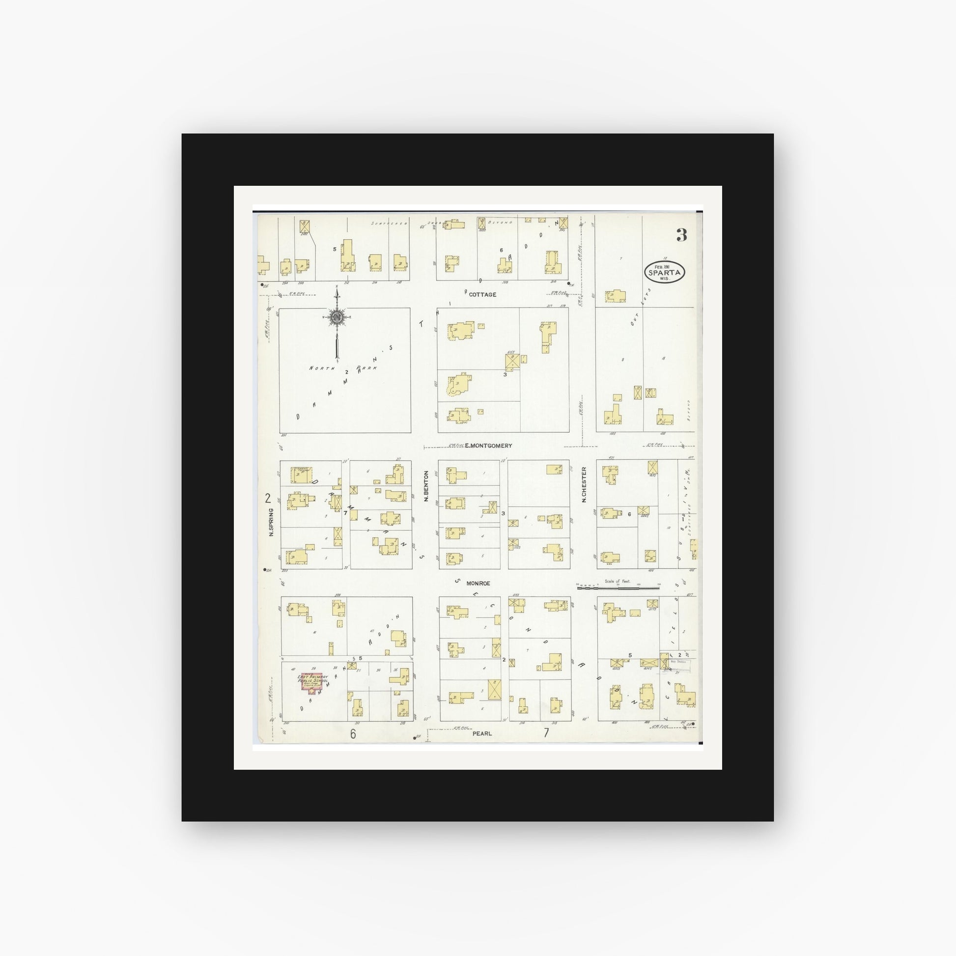 Old map wall art mockup — black gallery frame with white mat — Sanborn Fire Insurance Map from Sparta, Monroe County, Wisconsin (1911), Sheet #0003