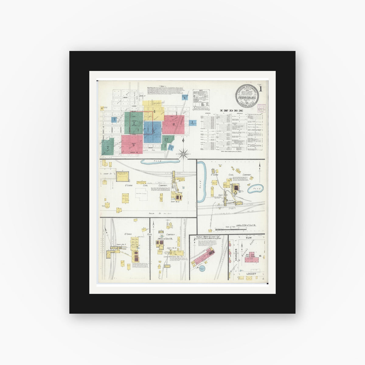 Old map wall art mockup — black gallery frame with white mat — Sanborn Fire Insurance Map from Harrisburg, Saline County, Illinois (1907) - Complete Map Set