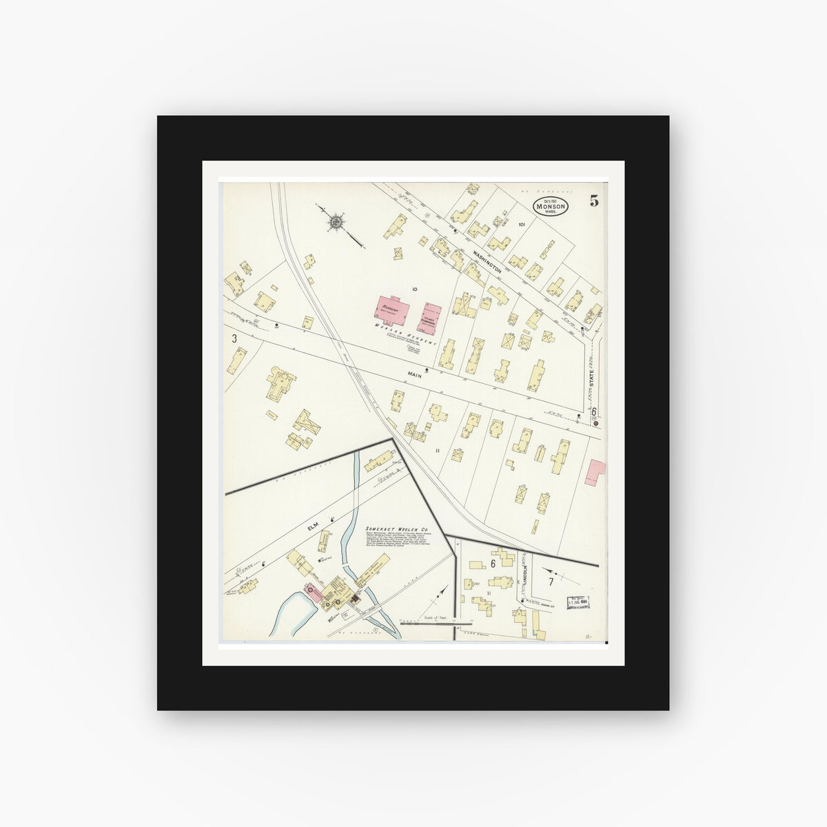 Old map wall art mockup — black gallery frame with white mat — Sanborn Fire Insurance Map from Monson, Hampden County, Massachusetts (1911), Sheet #0005