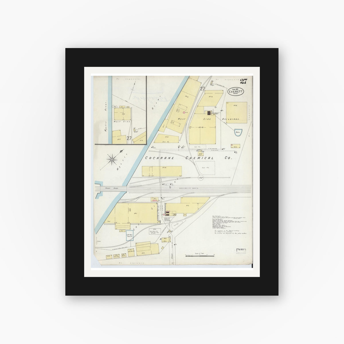 Old map wall art mockup — black gallery frame with white mat — Sanborn Fire Insurance Map from Everett, Middlesex County, Massachusetts (1897), Sheet #0027
