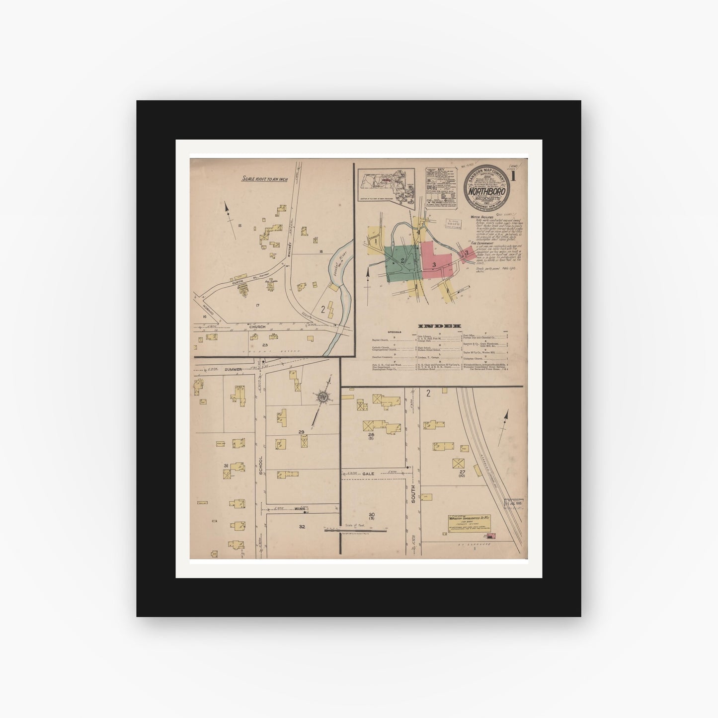 Old map wall art mockup — black gallery frame with white mat — Sanborn Fire Insurance Map from Northboro, Worcester County, Massachusetts (1921) - Complete Map Set