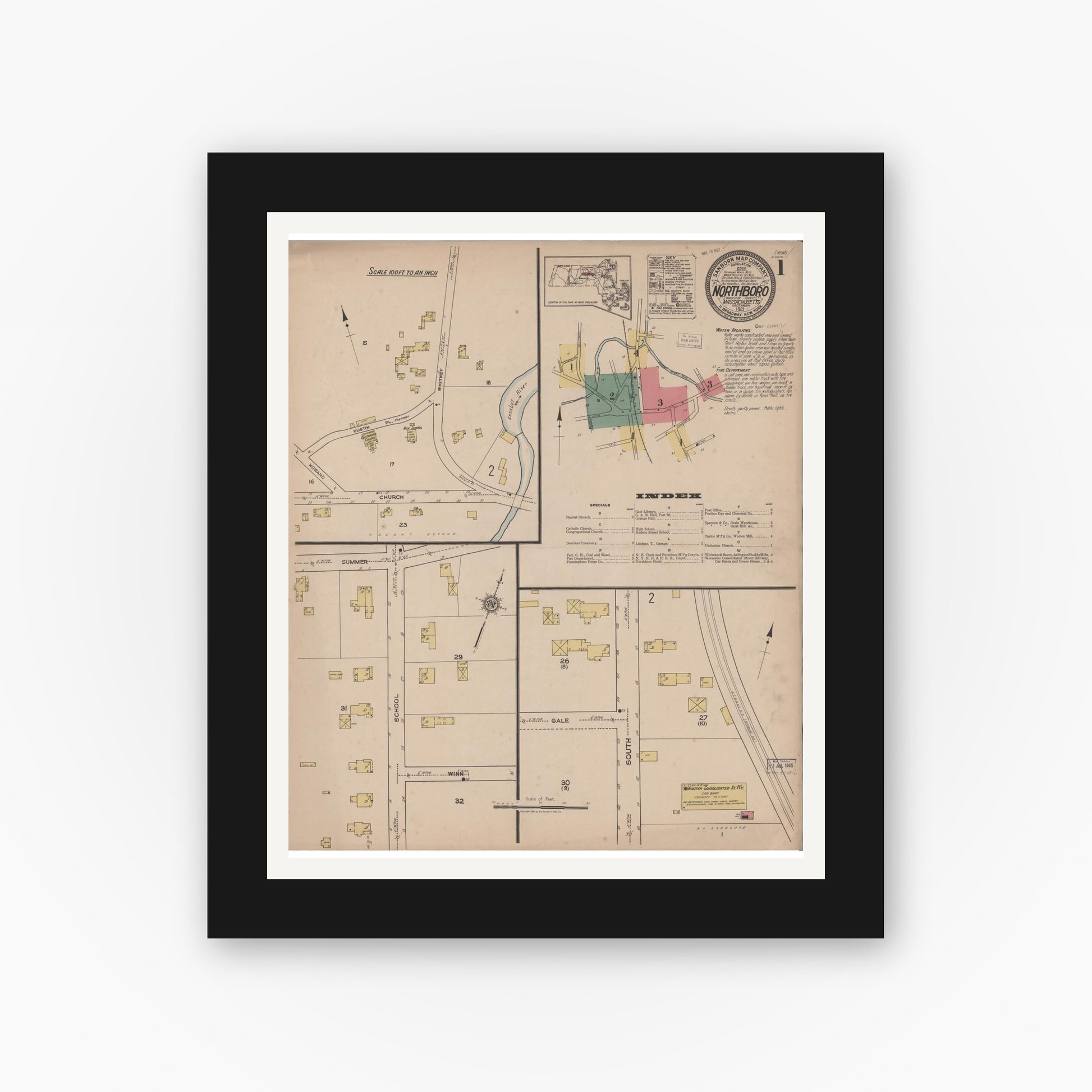 Old map wall art mockup — black gallery frame with white mat — Sanborn Fire Insurance Map from Northboro, Worcester County, Massachusetts (1921) - Complete Map Set