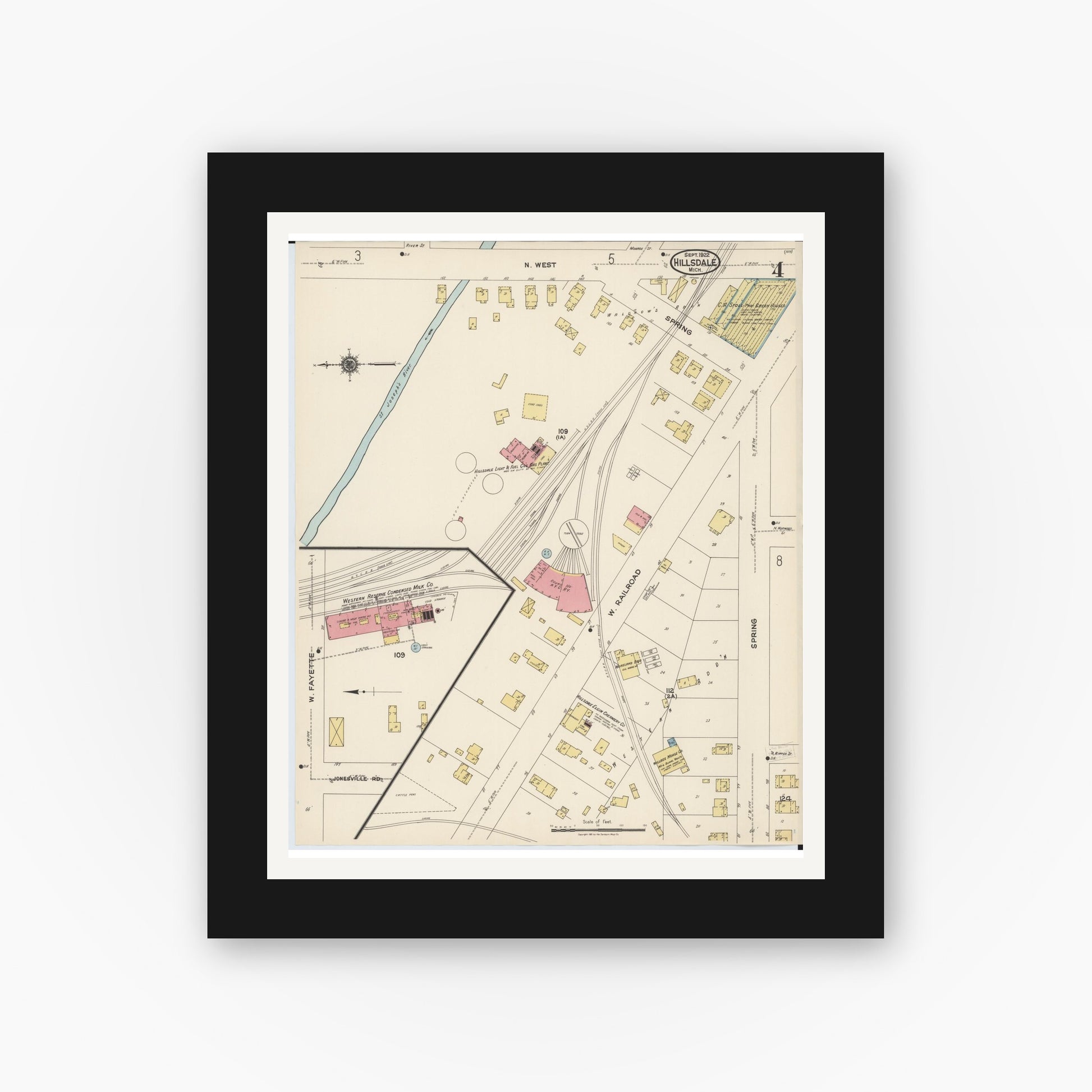 Old map wall art mockup — black gallery frame with white mat — Sanborn Fire Insurance Map from Hillsdale, Hillsdale County, Michigan (1922), Sheet #0004