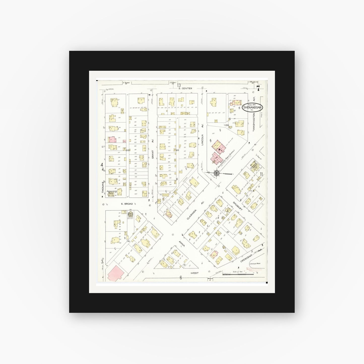 Old map wall art mockup — black gallery frame with white mat — Sanborn Fire Insurance Map from Shenandoah, Page County, Iowa (1914), Sheet #0007
