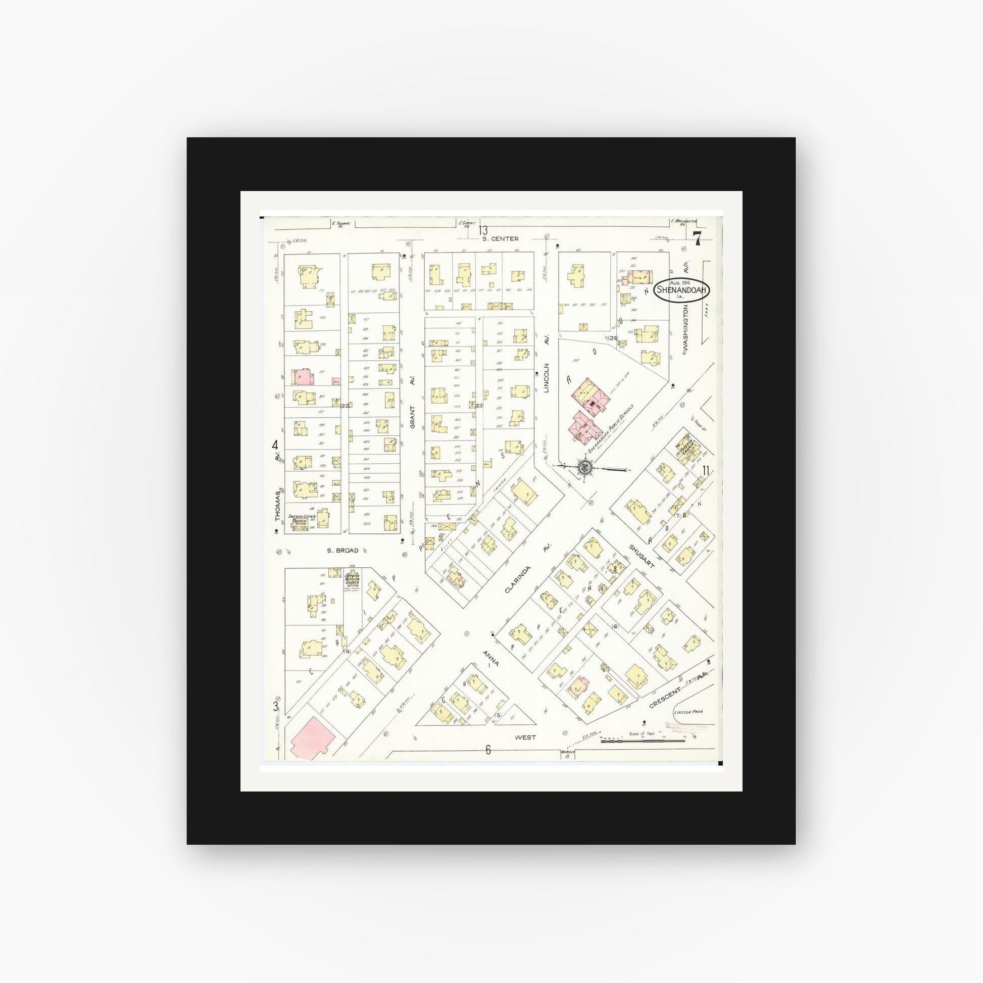 Old map wall art mockup — black gallery frame with white mat — Sanborn Fire Insurance Map from Shenandoah, Page County, Iowa (1914), Sheet #0007