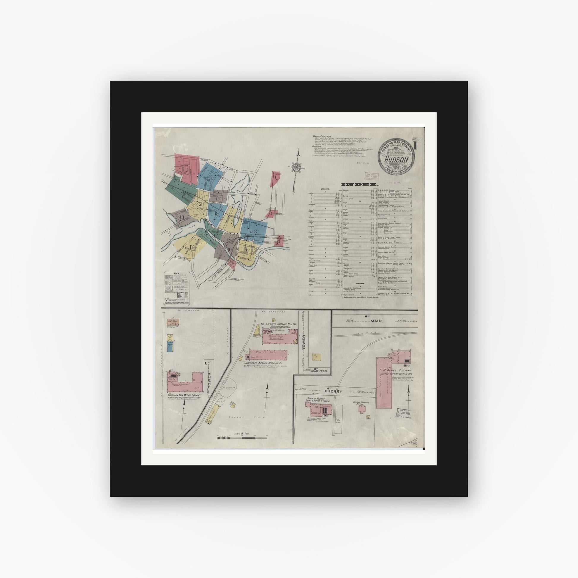 Old map wall art mockup — black gallery frame with white mat — Sanborn Fire Insurance Map from Hudson, Middlesex County, Massachusetts (1909) - Complete Map Set