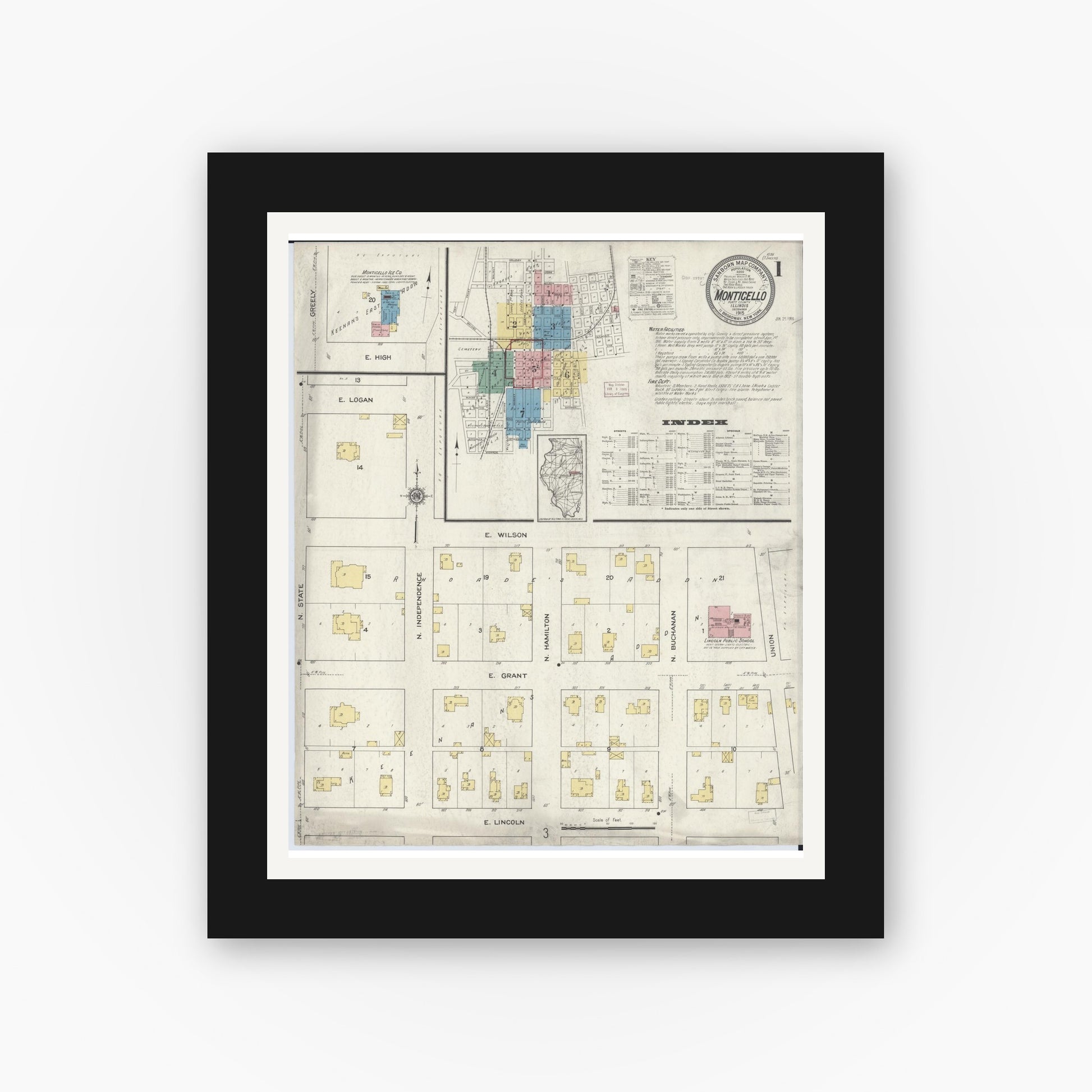 Old map wall art mockup — black gallery frame with white mat — Sanborn Fire Insurance Map from Monticello, Piatt County, Illinois (1915) - Complete Map Set
