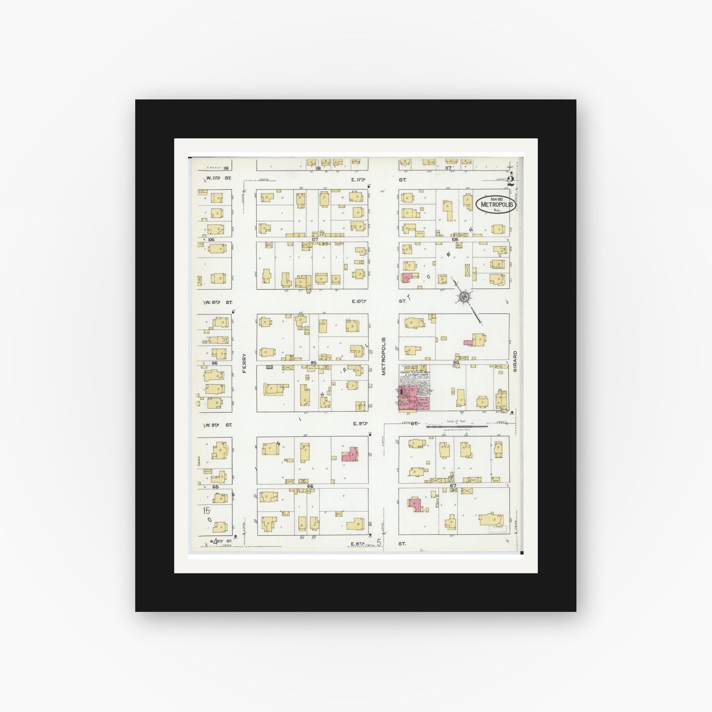 Old map wall art mockup — black gallery frame with white mat — Sanborn Fire Insurance Map from Metropolis, Massac County, Illinois (1921), Sheet #0002