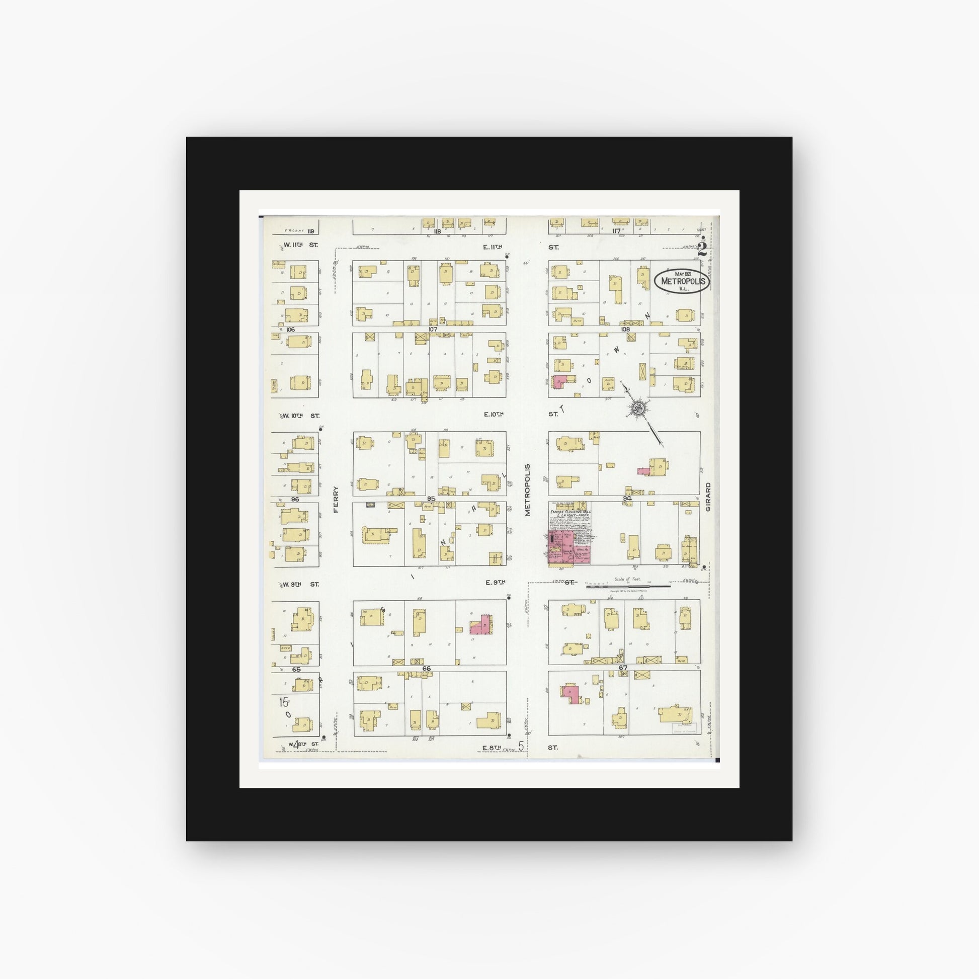 Old map wall art mockup — black gallery frame with white mat — Sanborn Fire Insurance Map from Metropolis, Massac County, Illinois (1921), Sheet #0002