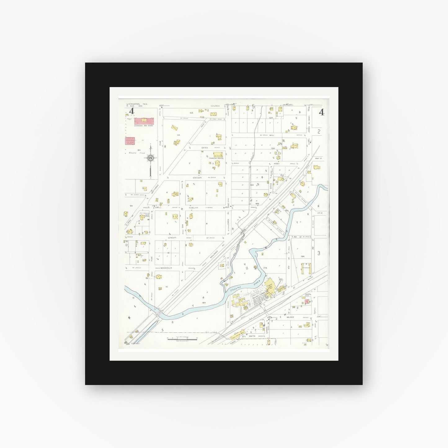 Old map wall art mockup — black gallery frame with white mat — Sanborn Fire Insurance Map from Livingston, Polk County, Texas (1935), Sheet #0004