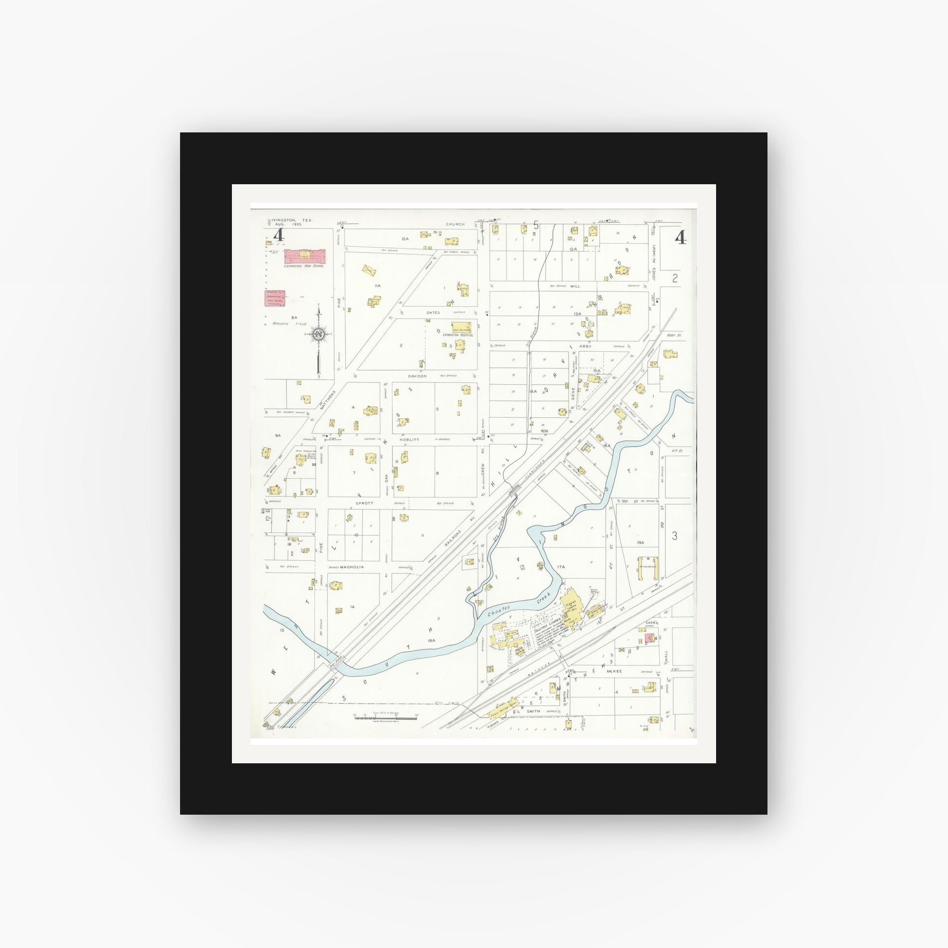 Old map wall art mockup — black gallery frame with white mat — Sanborn Fire Insurance Map from Livingston, Polk County, Texas (1935), Sheet #0004