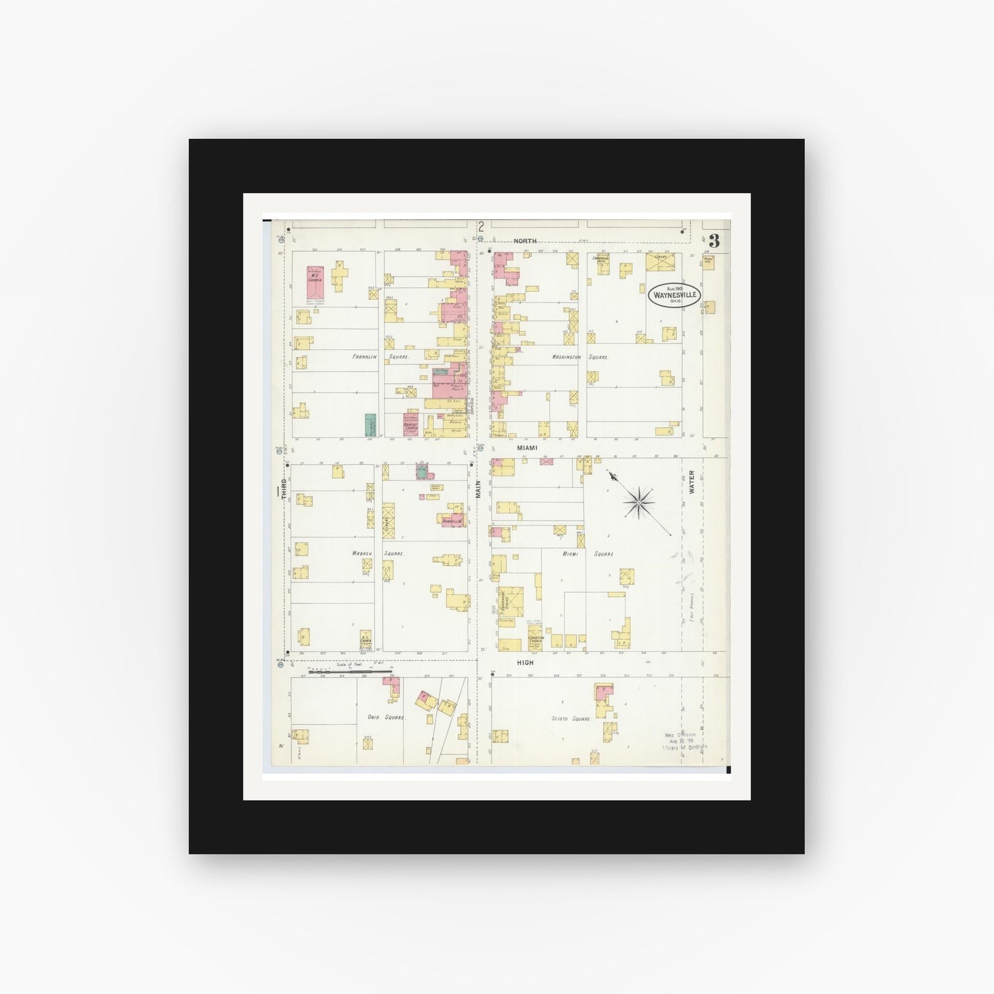 Old map wall art mockup — black gallery frame with white mat — Sanborn Fire Insurance Map from Waynesville, Warren County, Ohio (1901), Sheet #0003