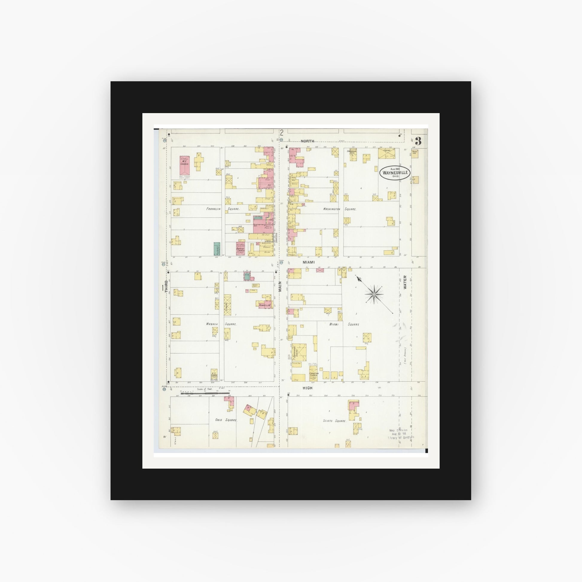 Old map wall art mockup — black gallery frame with white mat — Sanborn Fire Insurance Map from Waynesville, Warren County, Ohio (1901), Sheet #0003